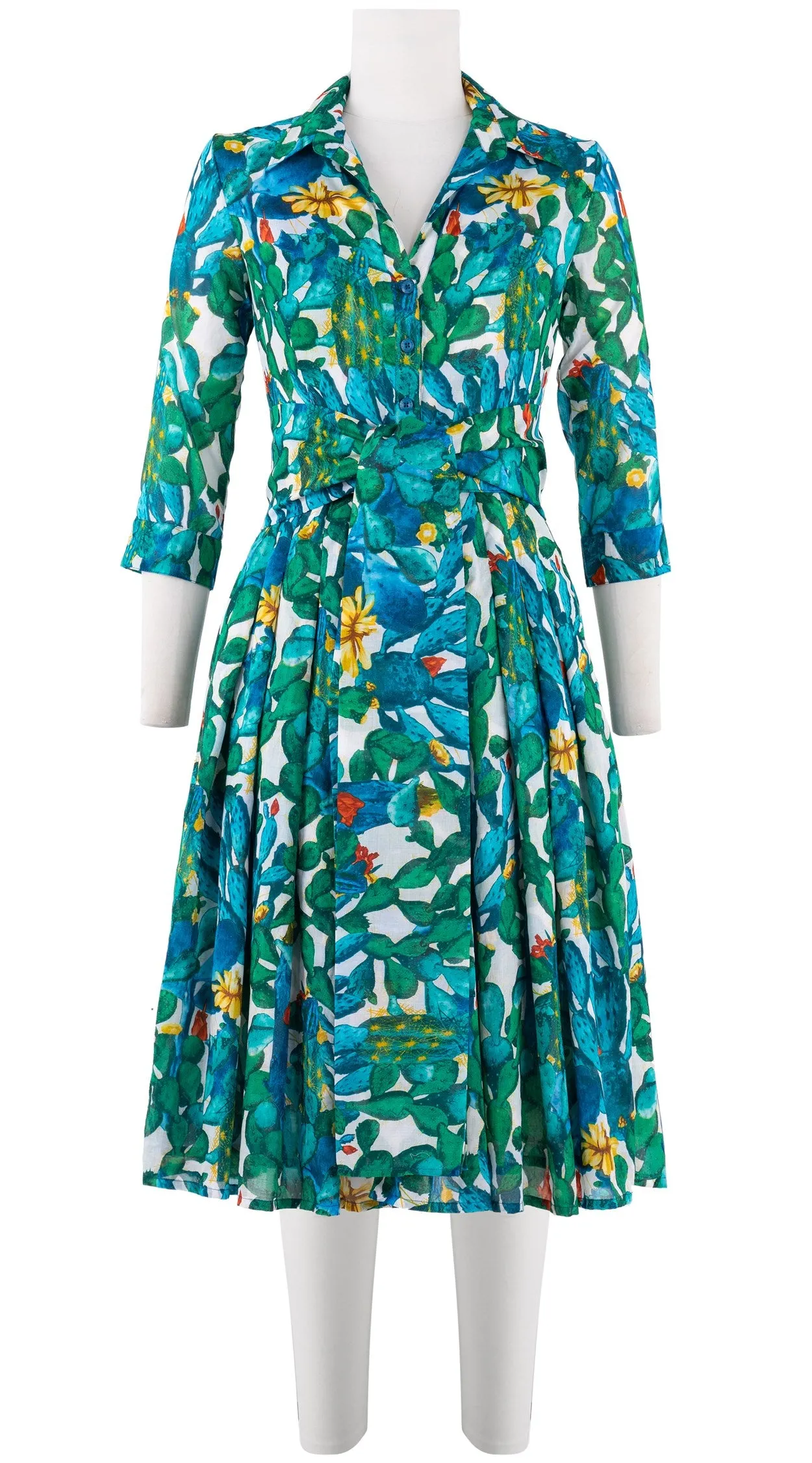 Audrey Dress #4 Shirt Collar 3/4 Sleeve Long Length Cotton Musola (Cactus Paradise Bright)