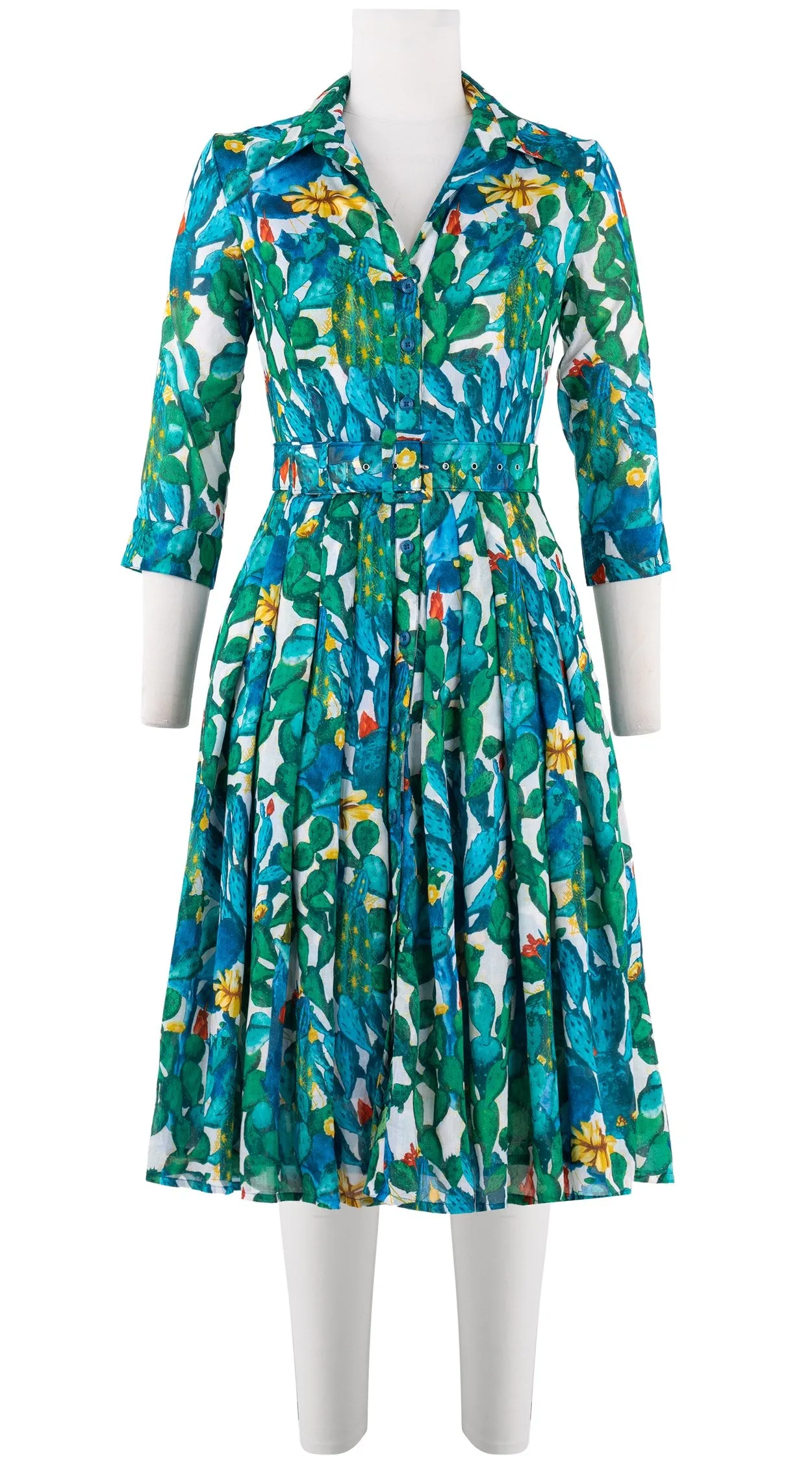 Audrey Dress #4 Shirt Collar 3/4 Sleeve Long Length Cotton Musola (Cactus Paradise Bright)