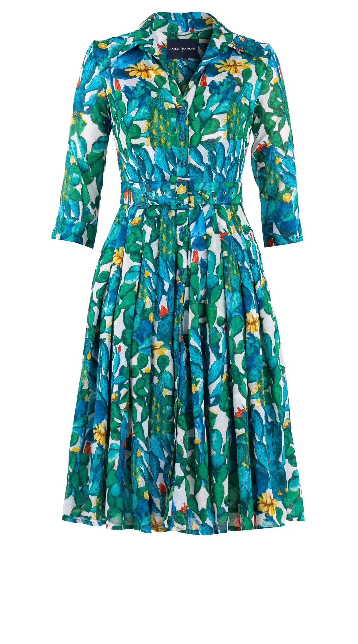 Audrey Dress #4 Shirt Collar 3/4 Sleeve Long Length Cotton Musola (Cactus Paradise Bright)