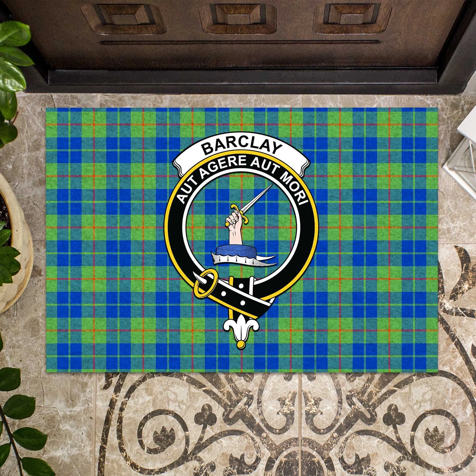 Barclay Hunting Ancient Tartan Door Mat with Family Crest
