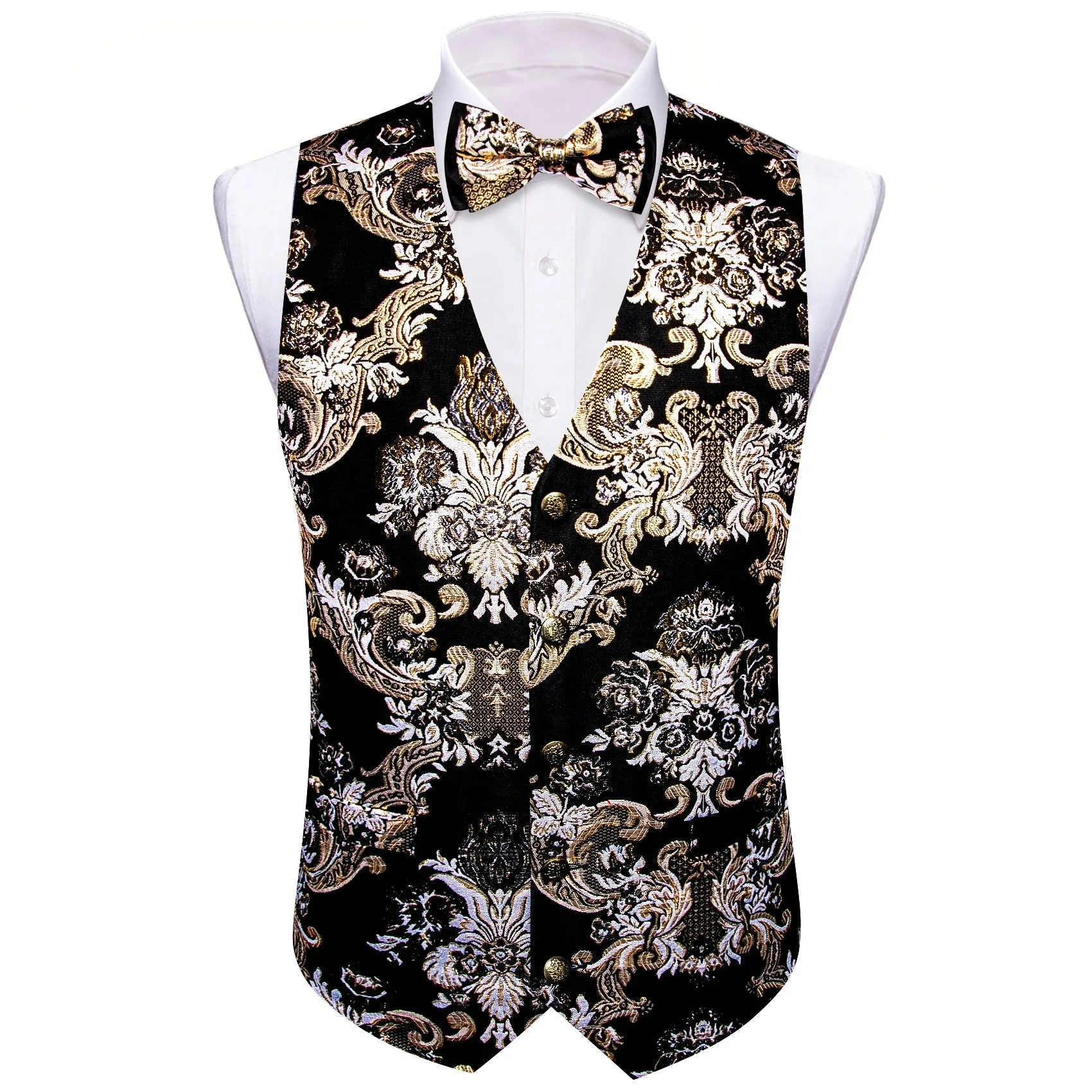 Black Khaki Floral Silk Men's Vest Bow Tie Set Waistcoat Suit Set