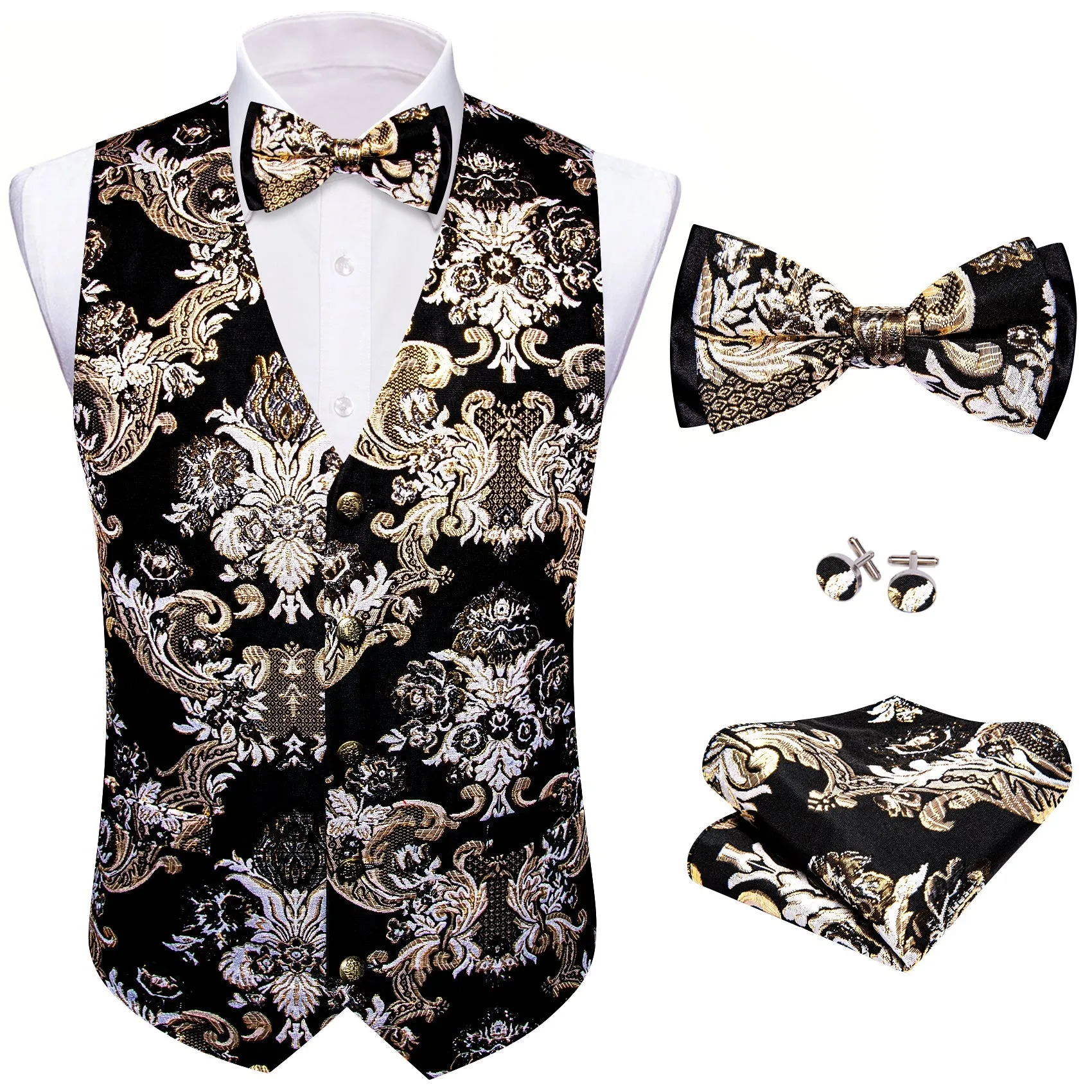 Black Khaki Floral Silk Men's Vest Bow Tie Set Waistcoat Suit Set