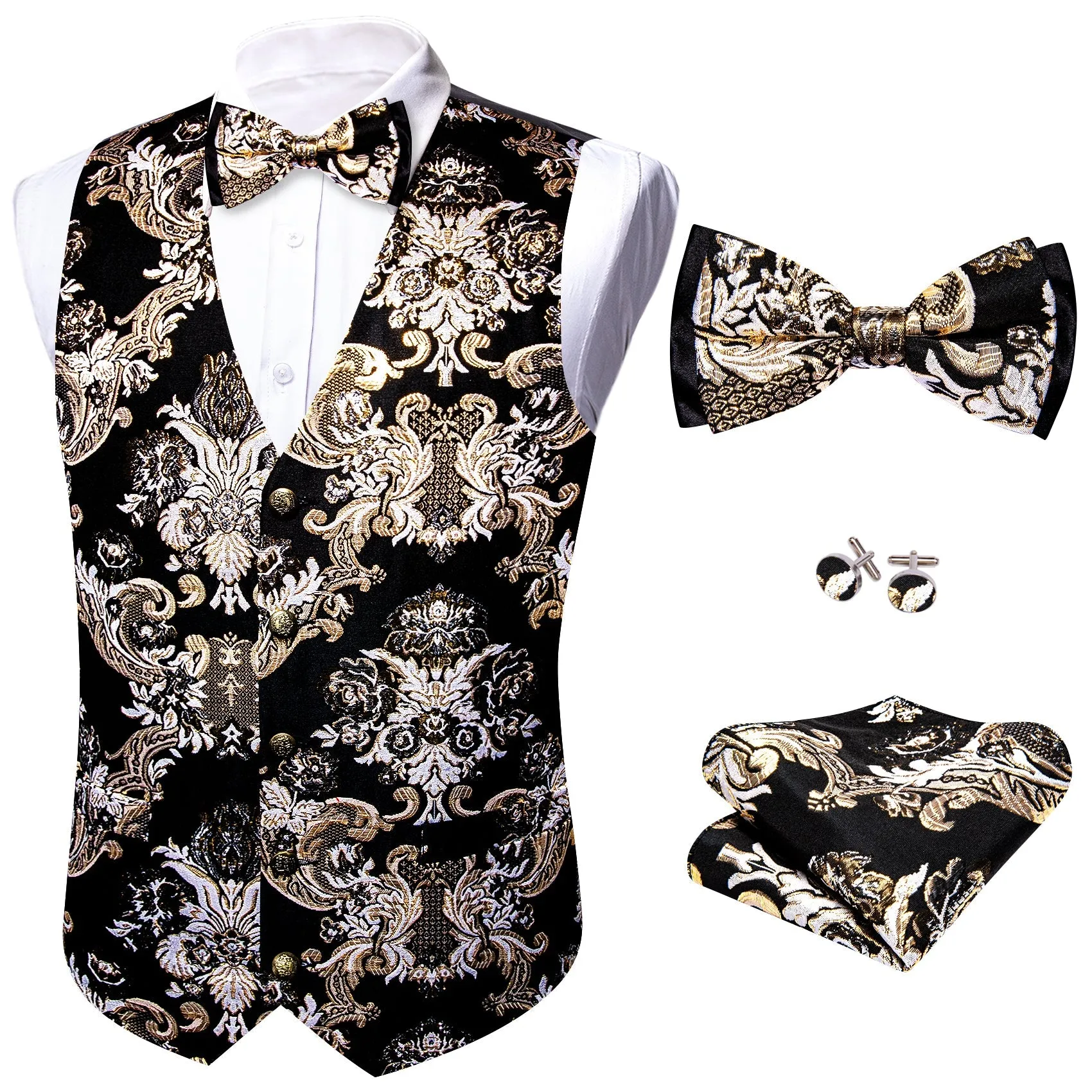 Black Khaki Floral Silk Men's Vest Bow Tie Set Waistcoat Suit Set