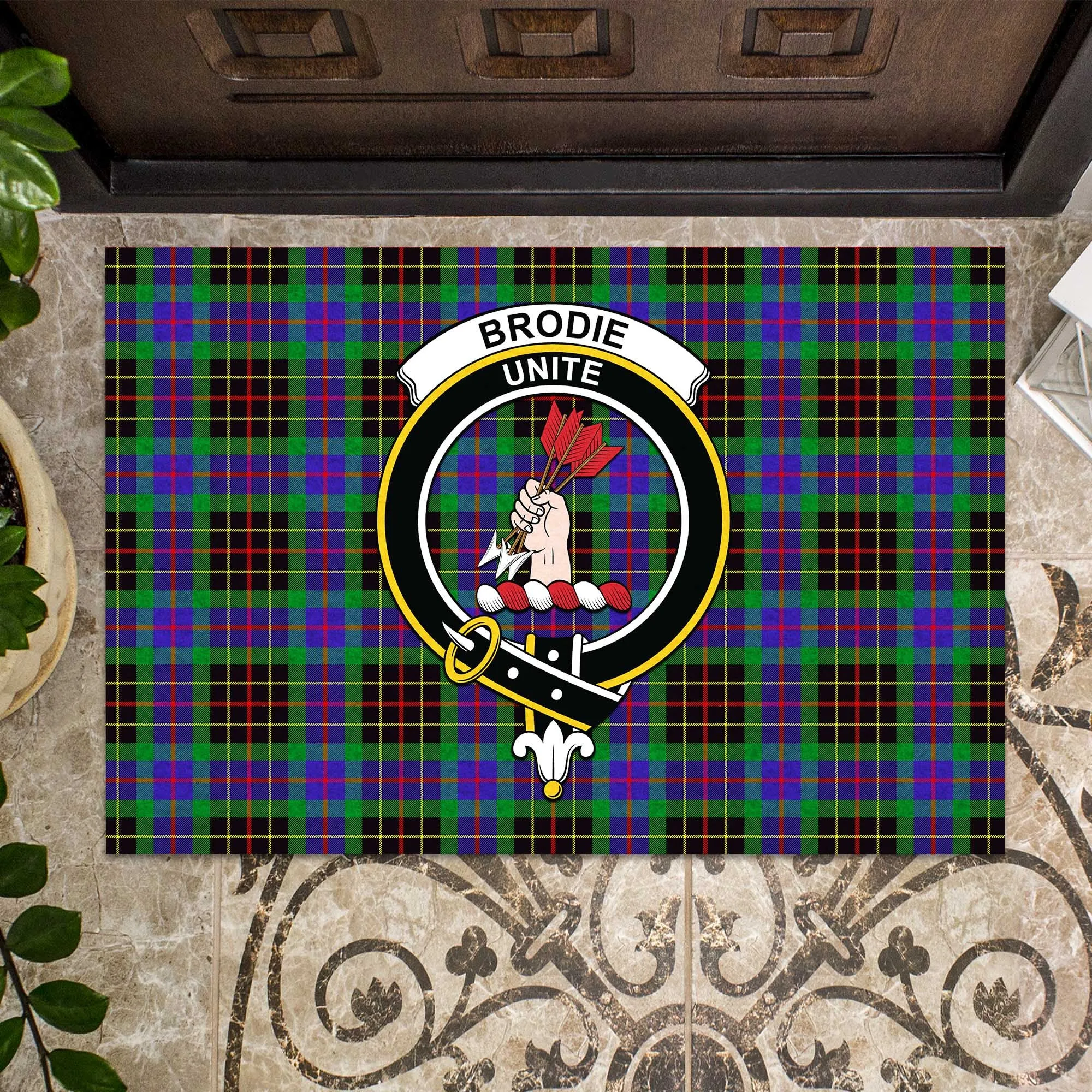 Brodie Hunting Modern Tartan Door Mat with Family Crest