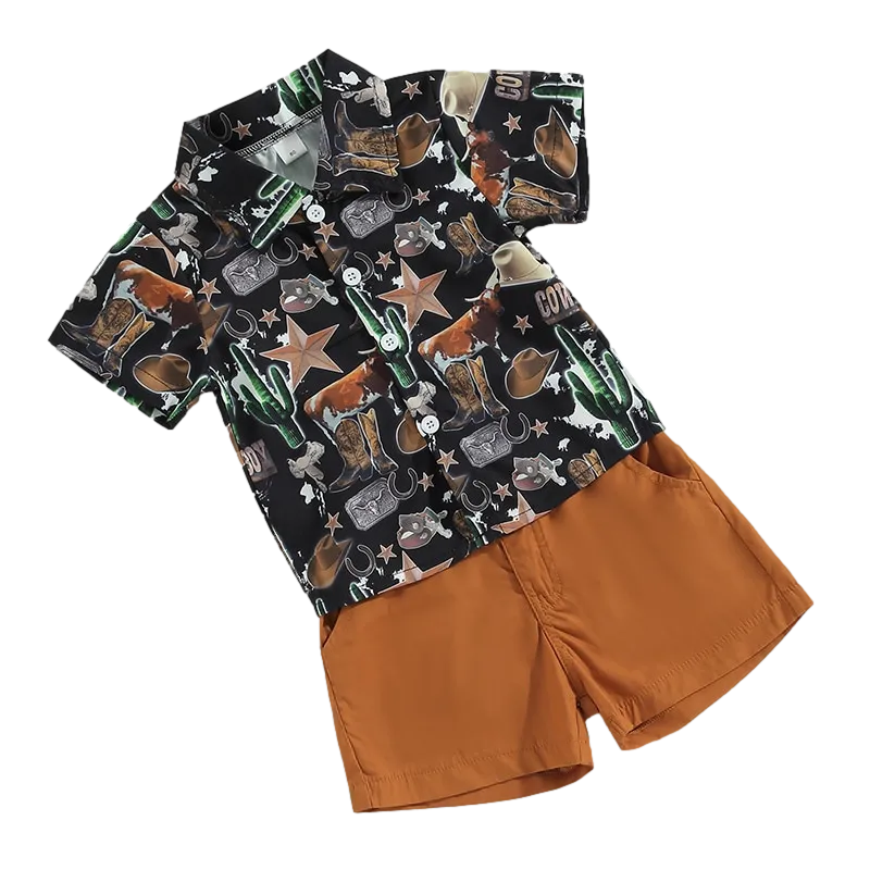 Cactus Set - Boys Gentleman Clothes Sets Cartoon Cactus Print Shirt & Shorts Set