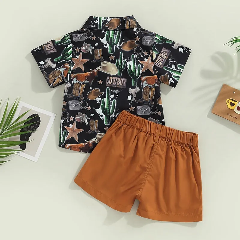Cactus Set - Boys Gentleman Clothes Sets Cartoon Cactus Print Shirt & Shorts Set