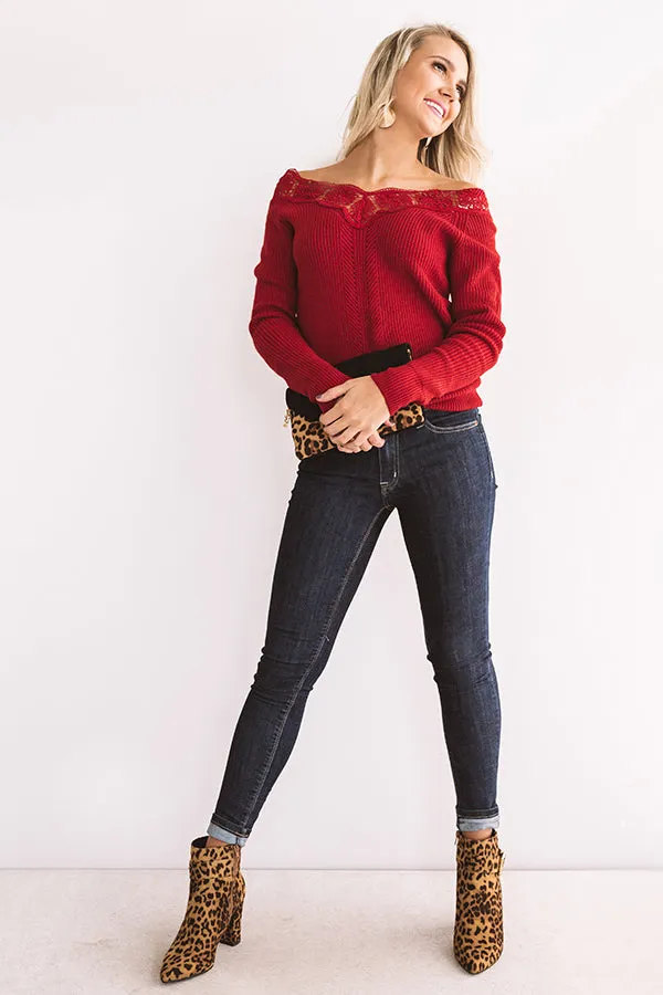 Classic Moment Crochet Trim Sweater In Crimson