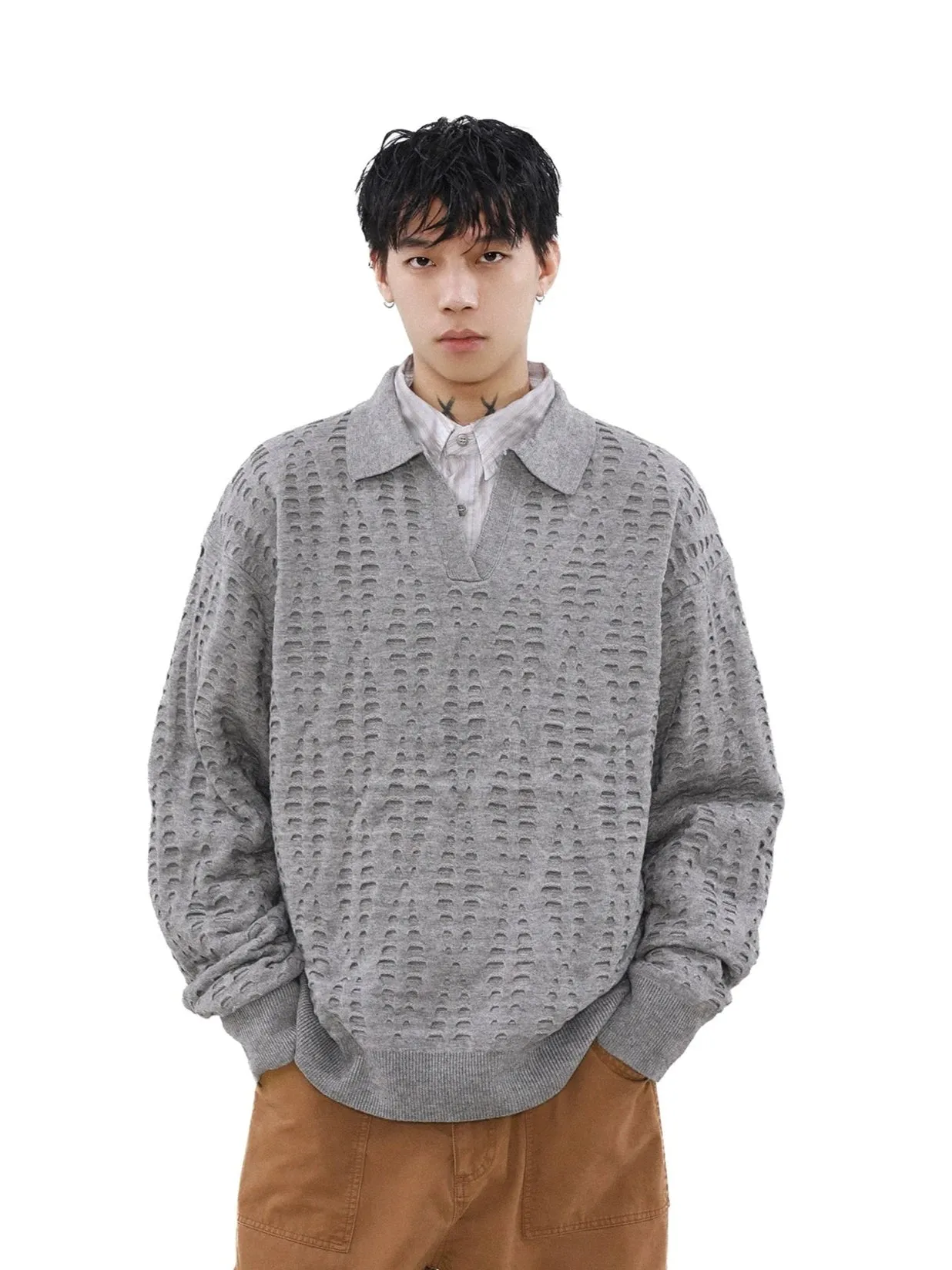 Collared Cutout Open Knit Sweater Top