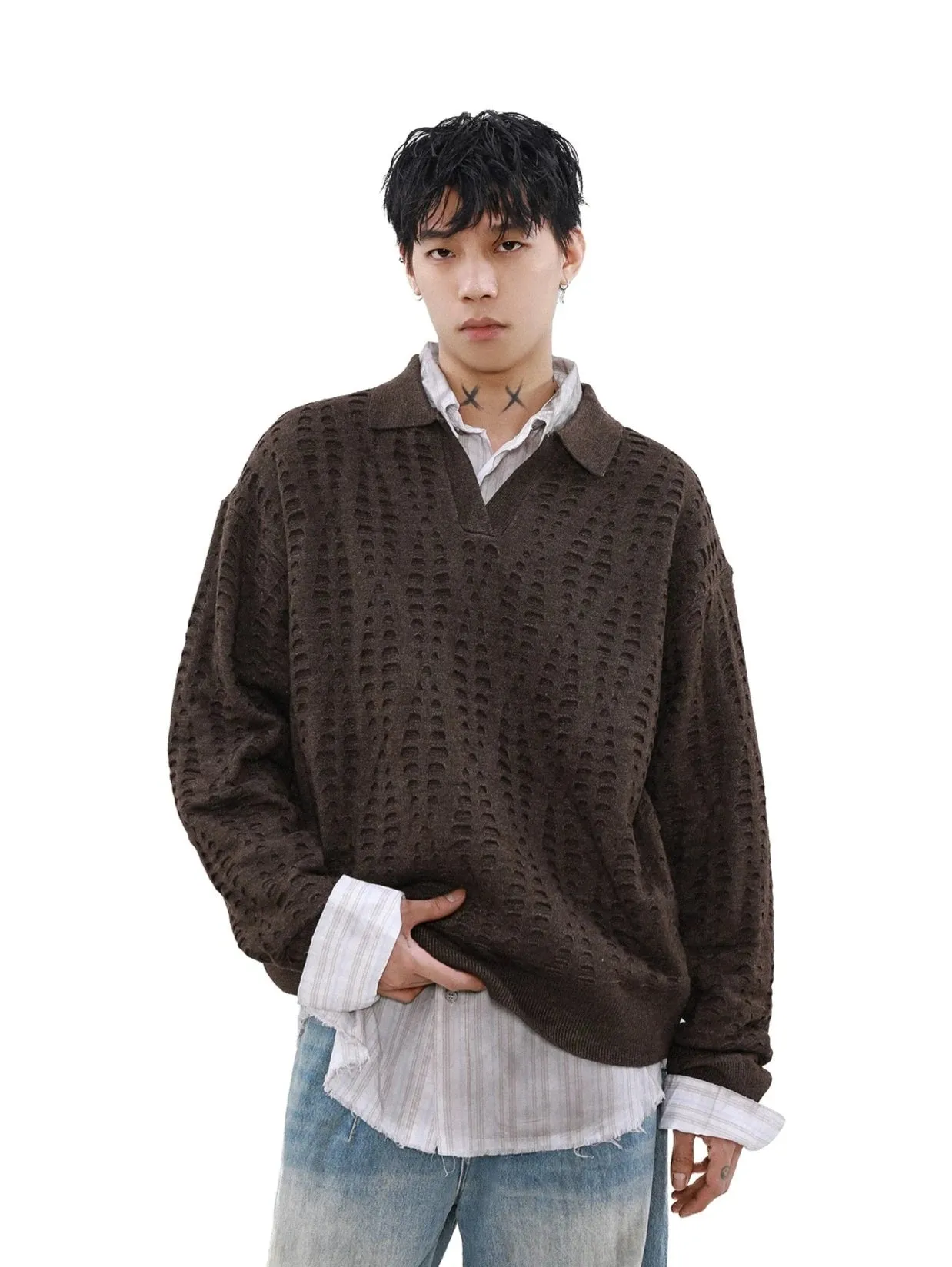 Collared Cutout Open Knit Sweater Top