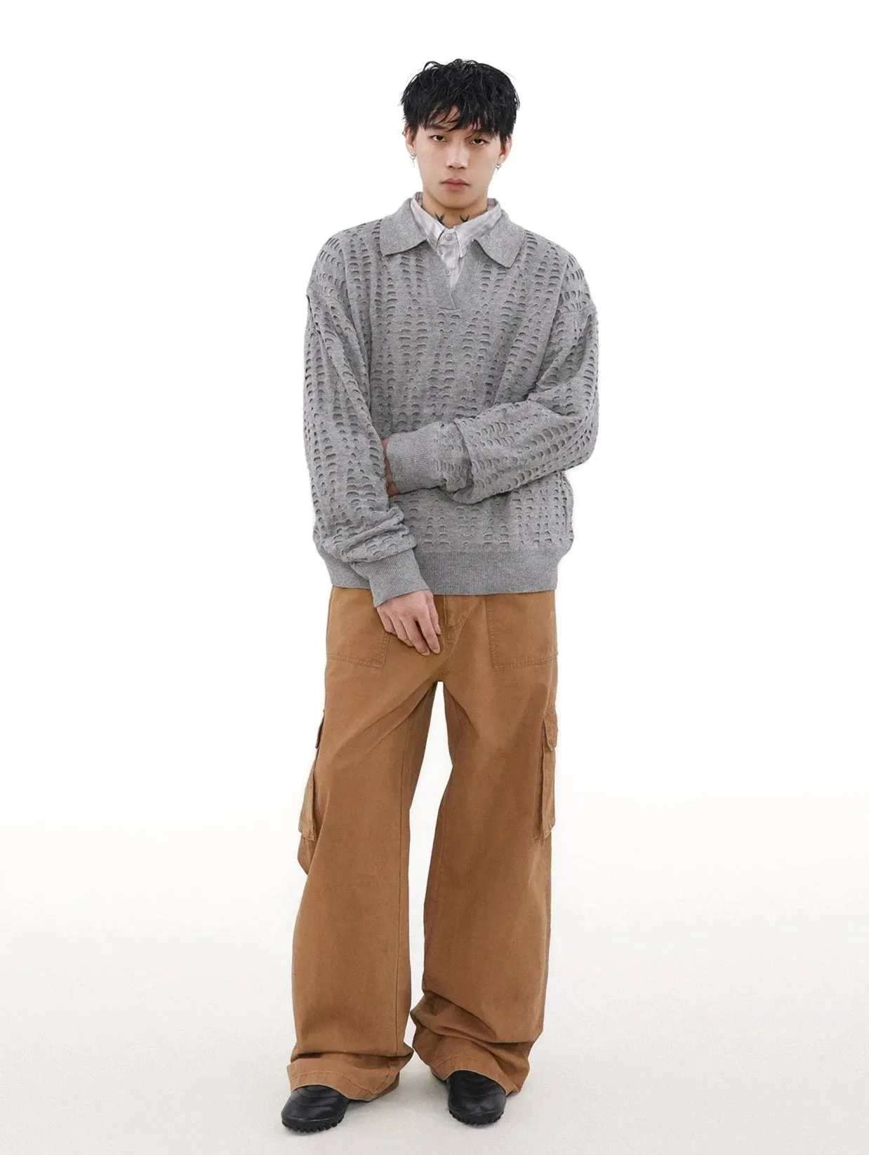 Collared Cutout Open Knit Sweater Top
