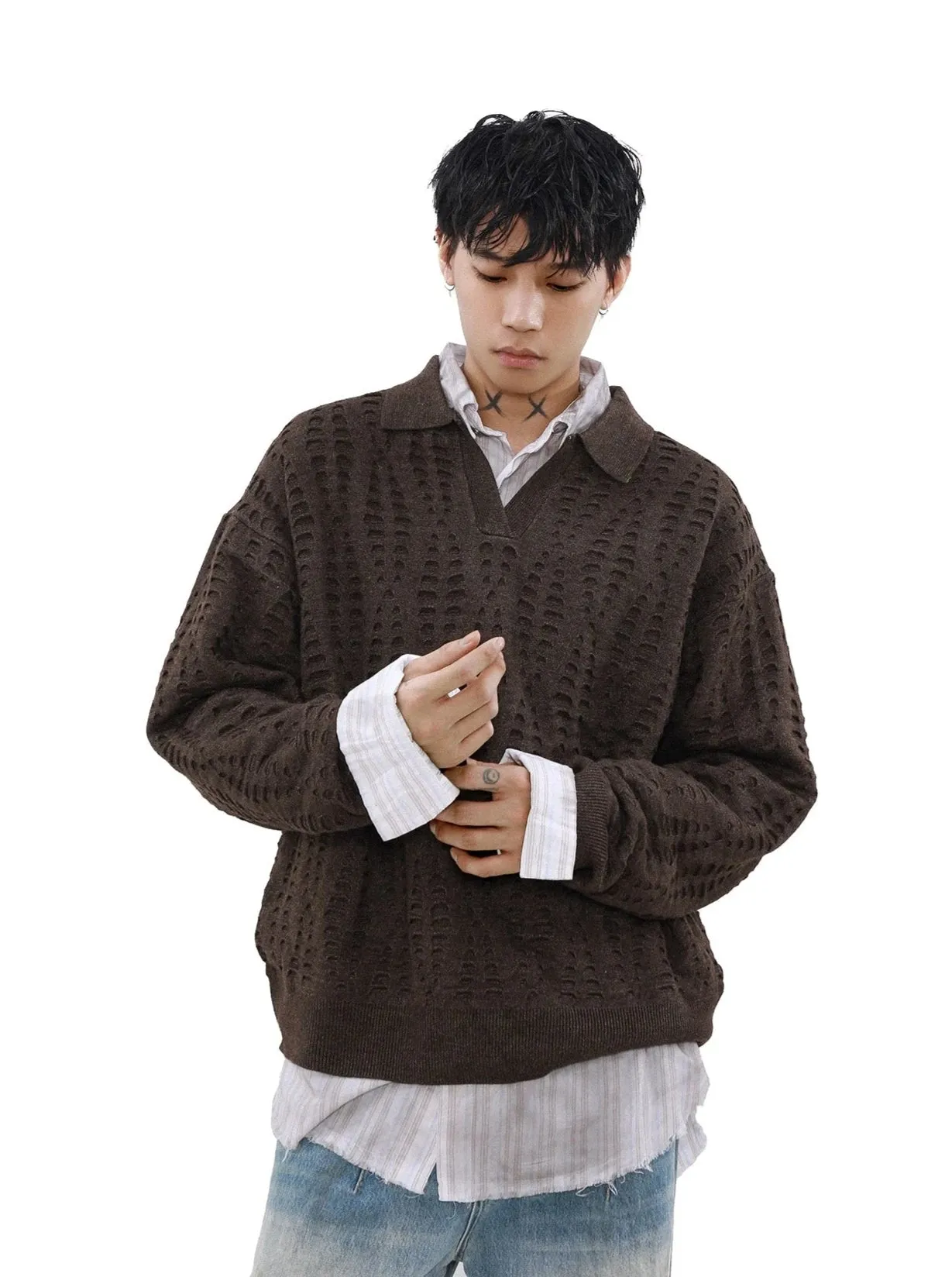 Collared Cutout Open Knit Sweater Top