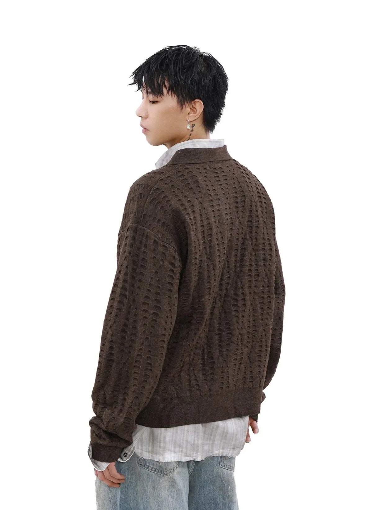 Collared Cutout Open Knit Sweater Top
