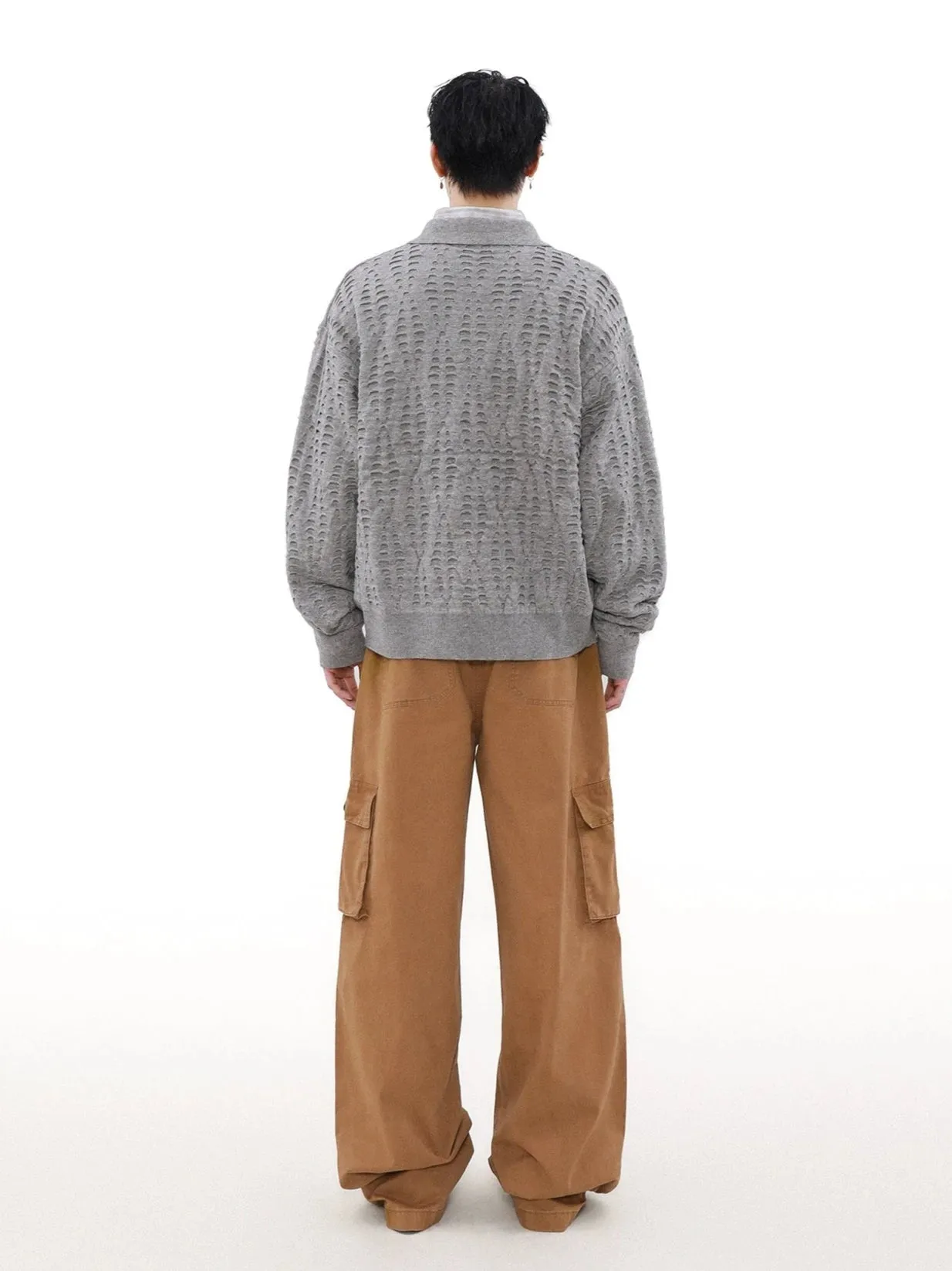 Collared Cutout Open Knit Sweater Top