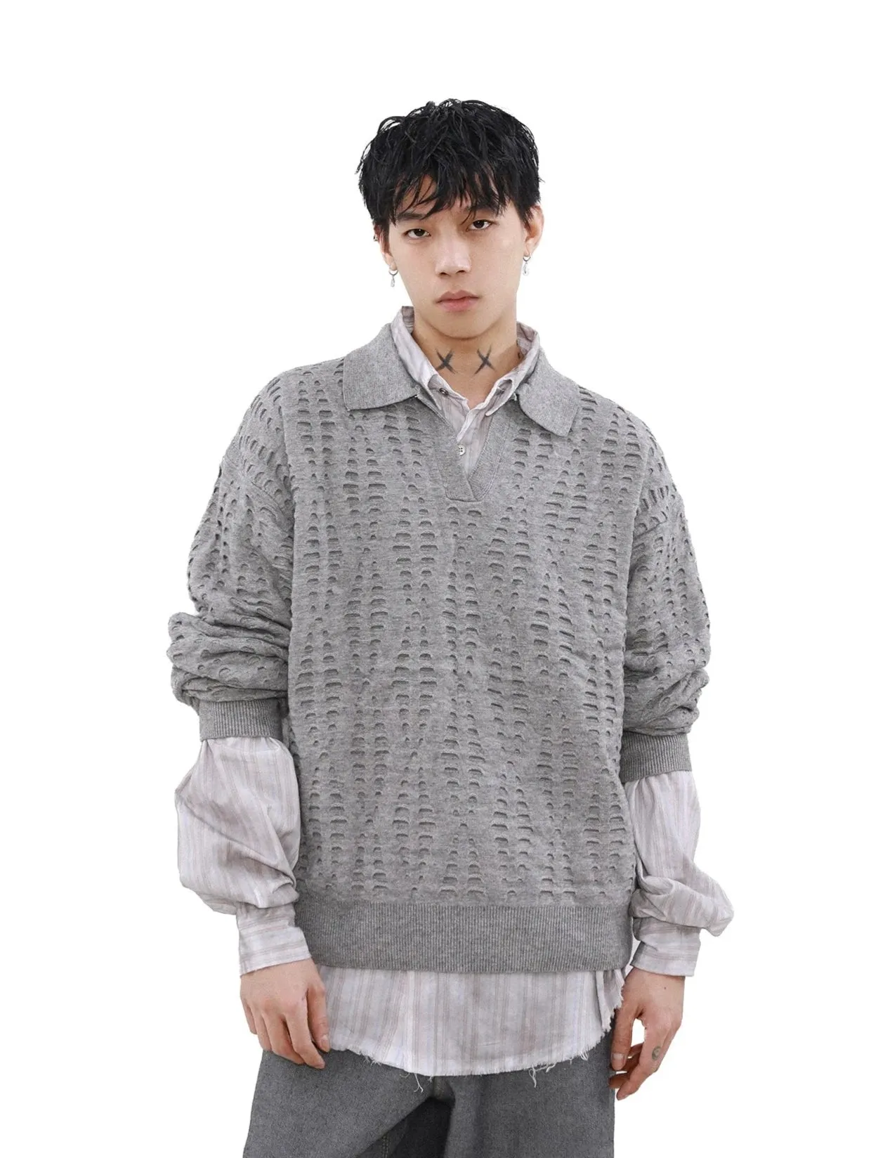 Collared Cutout Open Knit Sweater Top