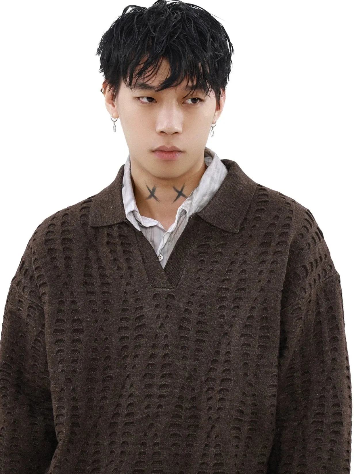 Collared Cutout Open Knit Sweater Top