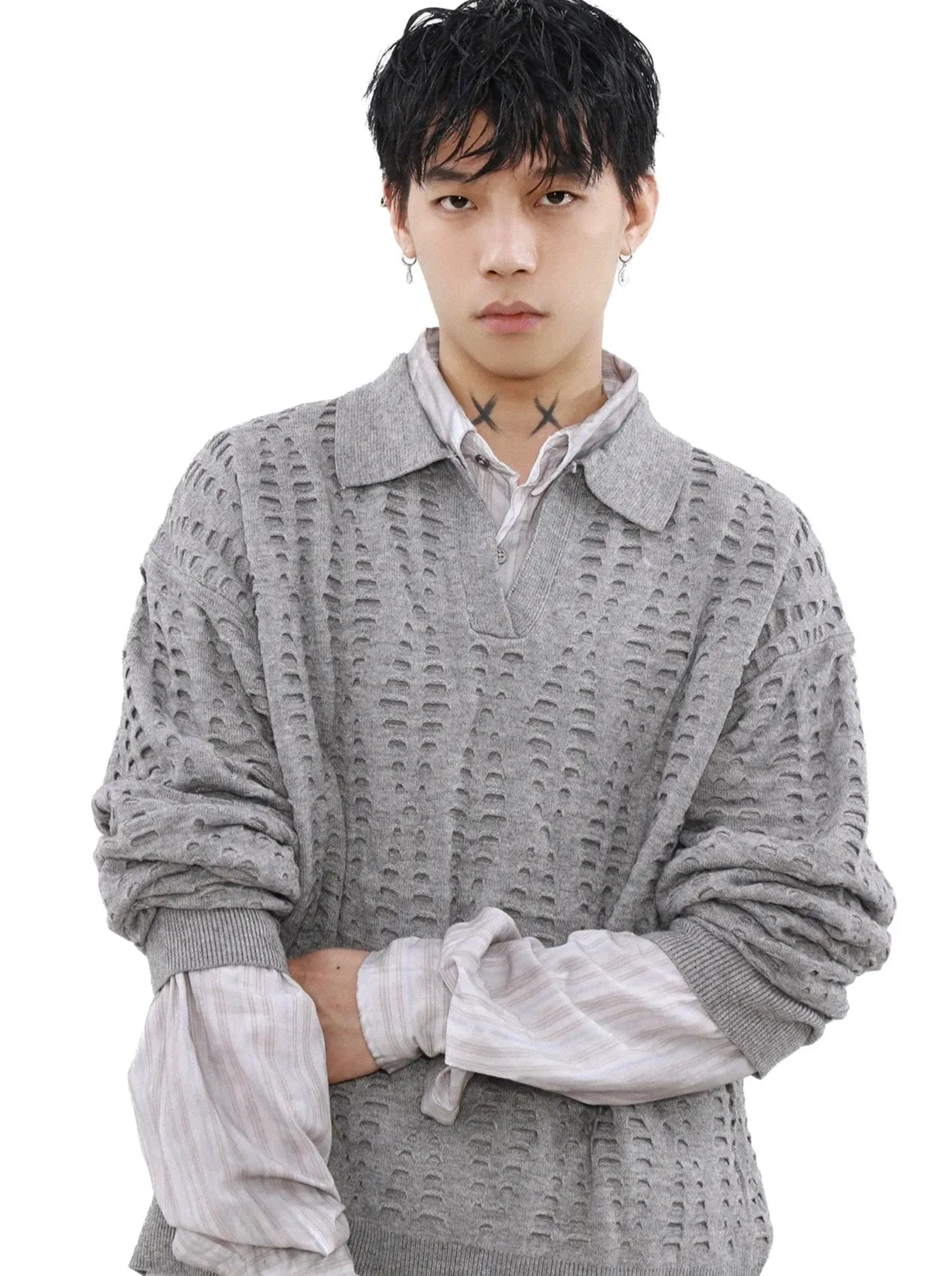 Collared Cutout Open Knit Sweater Top