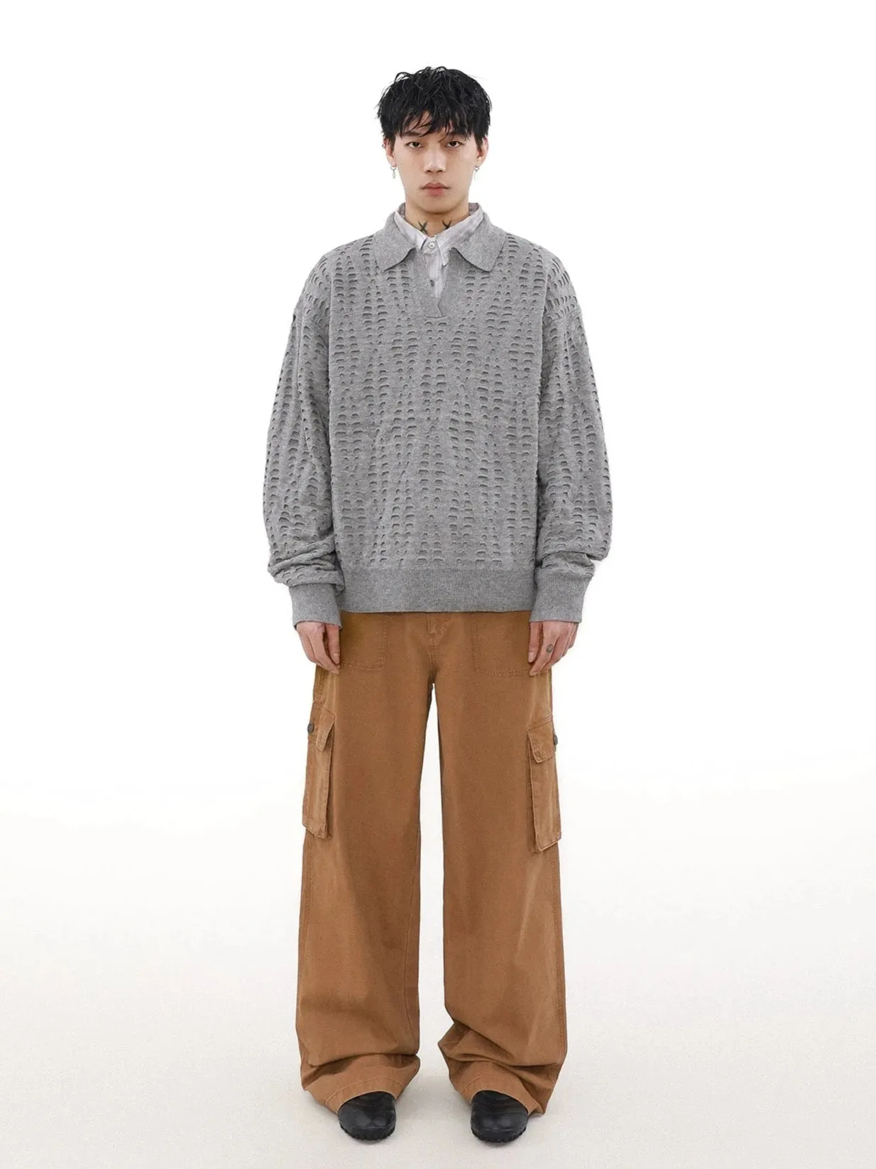 Collared Cutout Open Knit Sweater Top