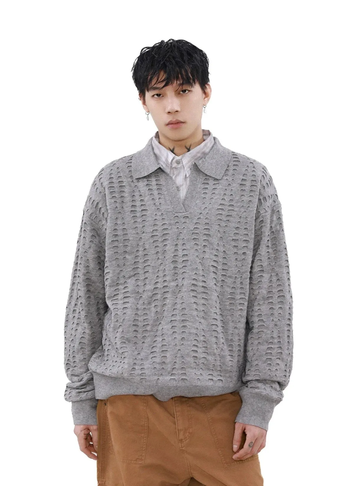 Collared Cutout Open Knit Sweater Top