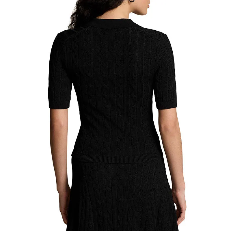 Custom Black Short-Sleeve Cable Knit Polo Sweater for Women