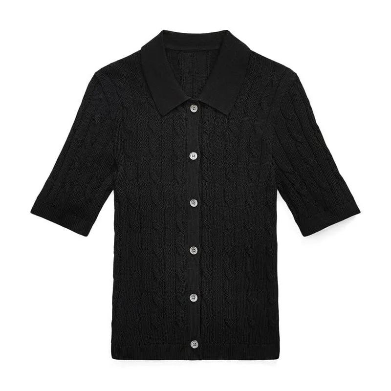 Custom Black Short-Sleeve Cable Knit Polo Sweater for Women