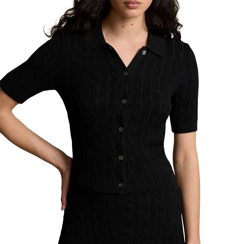 Custom Black Short-Sleeve Cable Knit Polo Sweater for Women