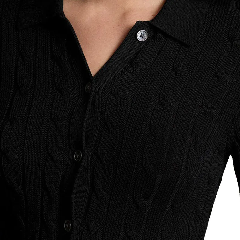 Custom Black Short-Sleeve Cable Knit Polo Sweater for Women
