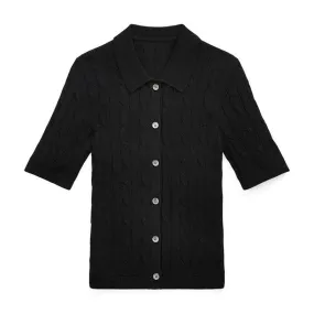 Custom Black Short-Sleeve Cable Knit Polo Sweater for Women