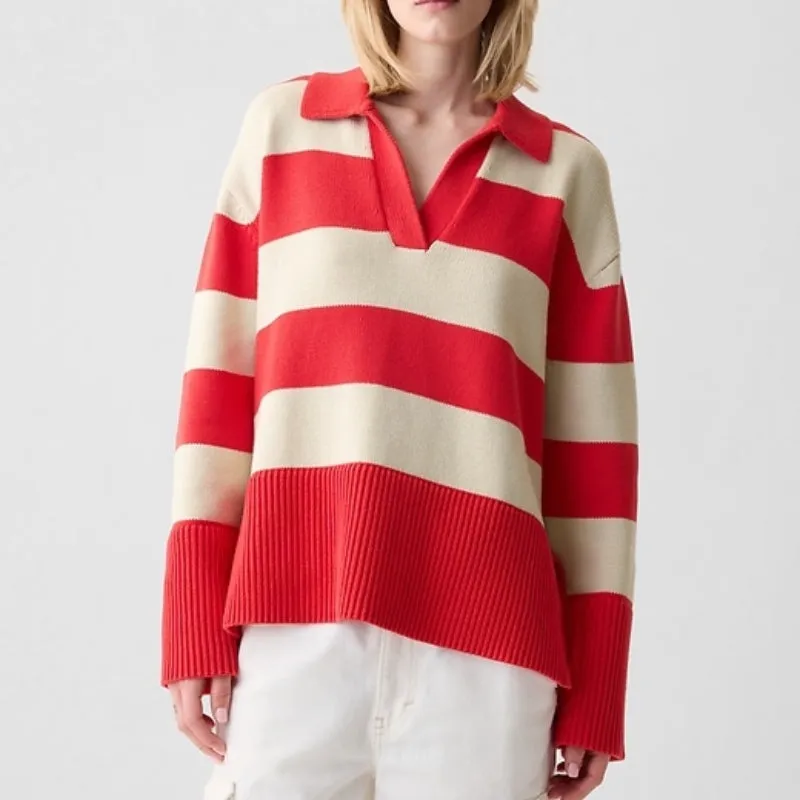 Custom Wool Blend Polo Neck Striped Long Sleeve Women’s Knitted Sweater
