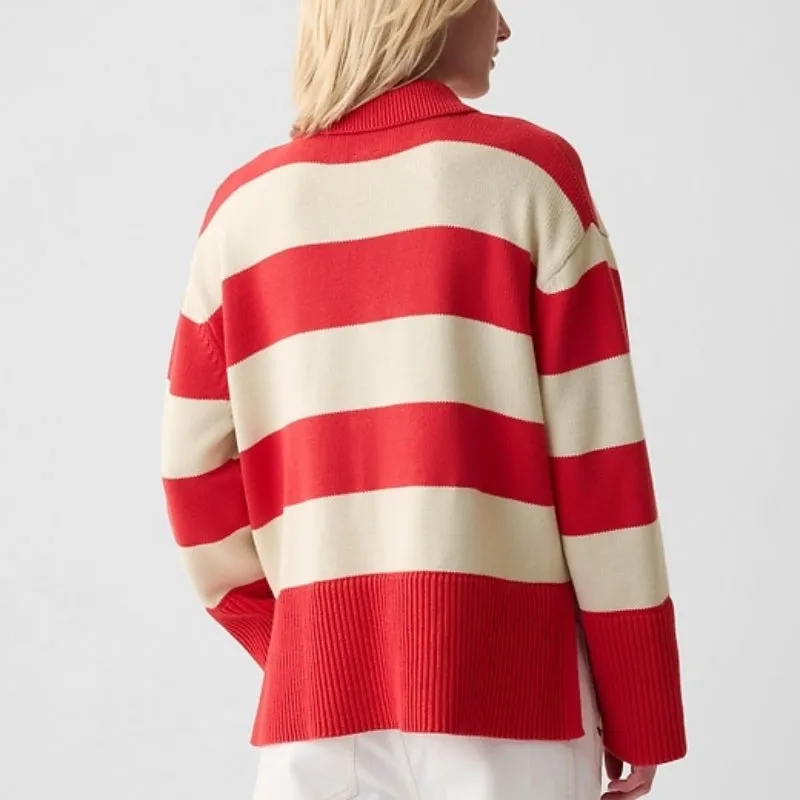 Custom Wool Blend Polo Neck Striped Long Sleeve Women’s Knitted Sweater