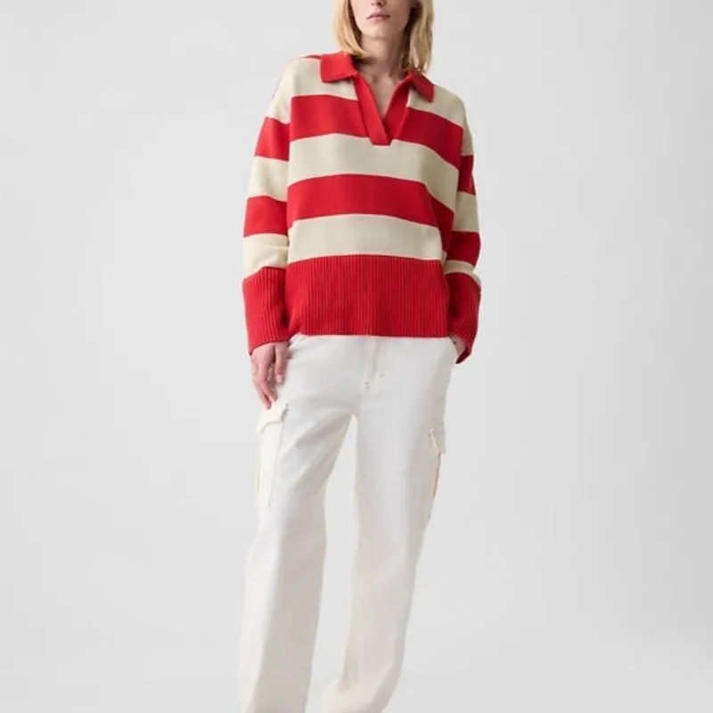Custom Wool Blend Polo Neck Striped Long Sleeve Women’s Knitted Sweater