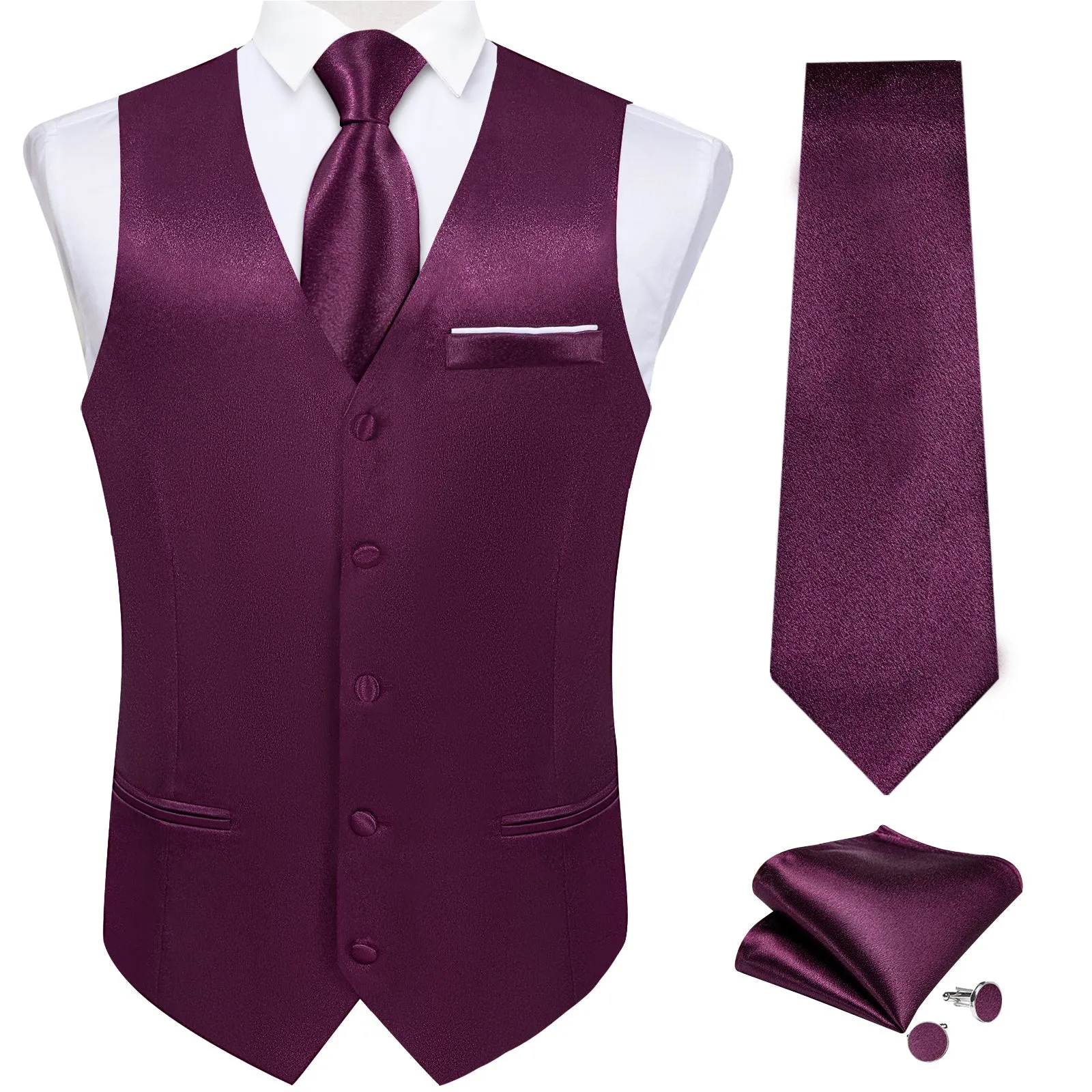 Deep Purple Solid Shining Silk Formal Men's Vest Hanky Cufflinks Tie Set