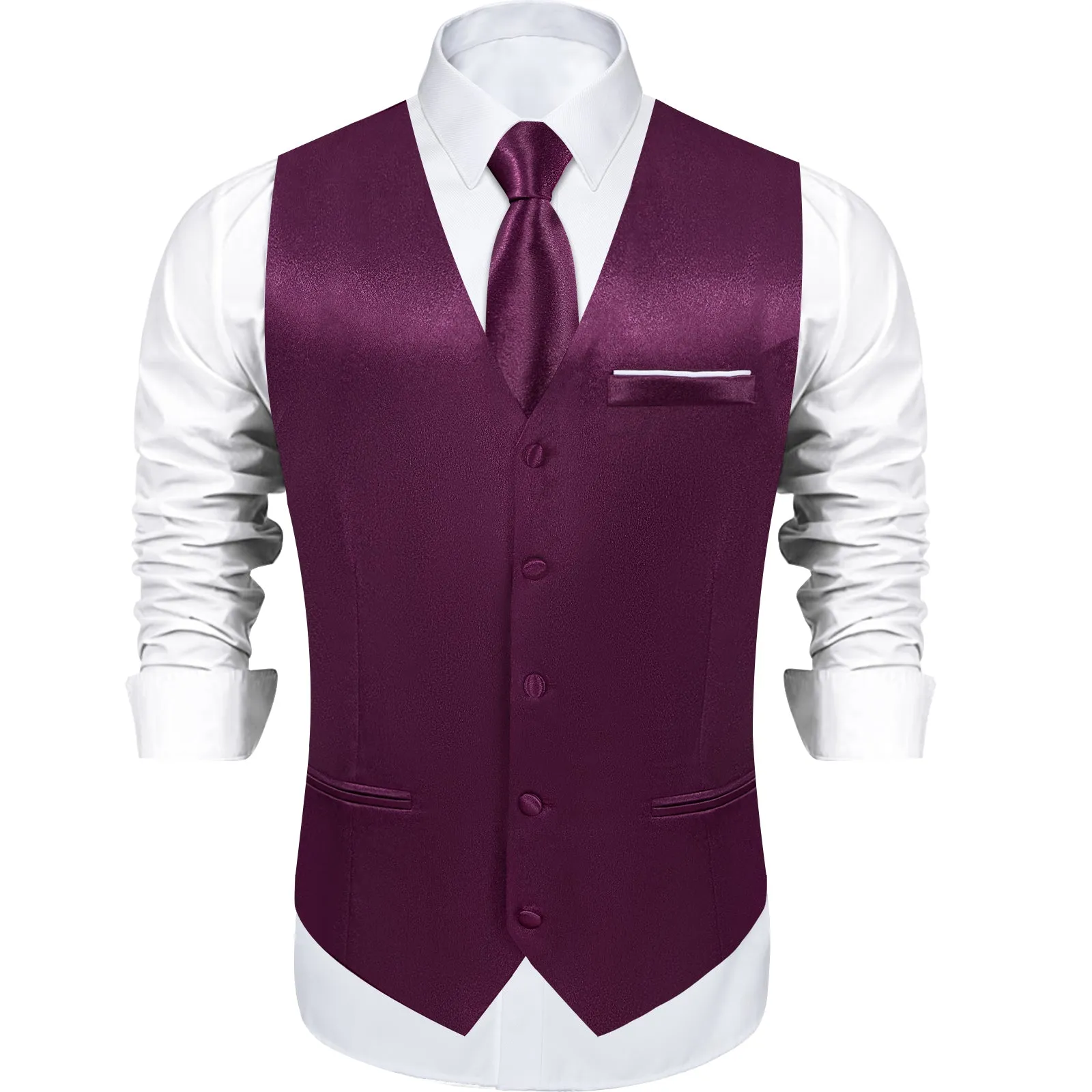 Deep Purple Solid Shining Silk Formal Men's Vest Hanky Cufflinks Tie Set