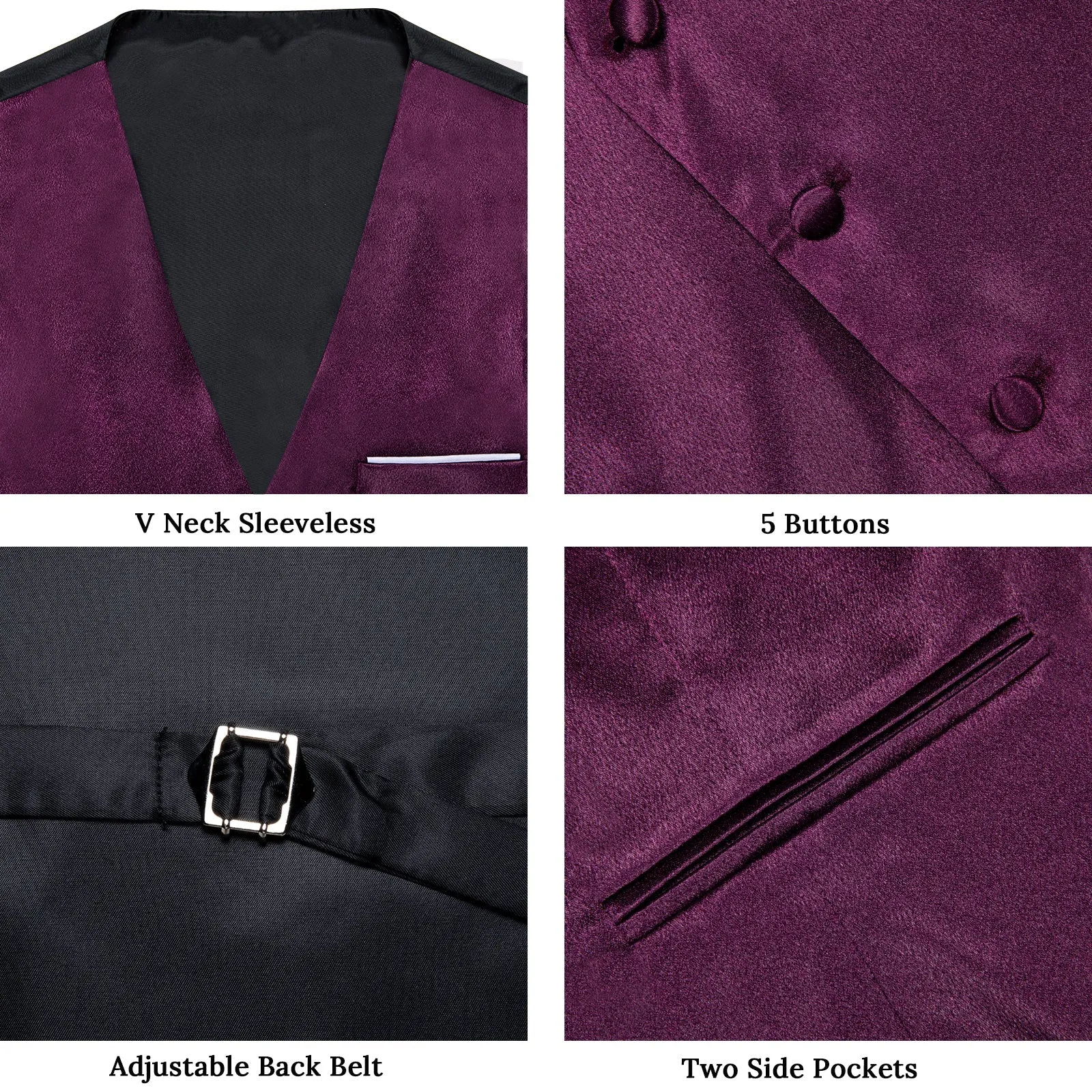 Deep Purple Solid Shining Silk Formal Men's Vest Hanky Cufflinks Tie Set