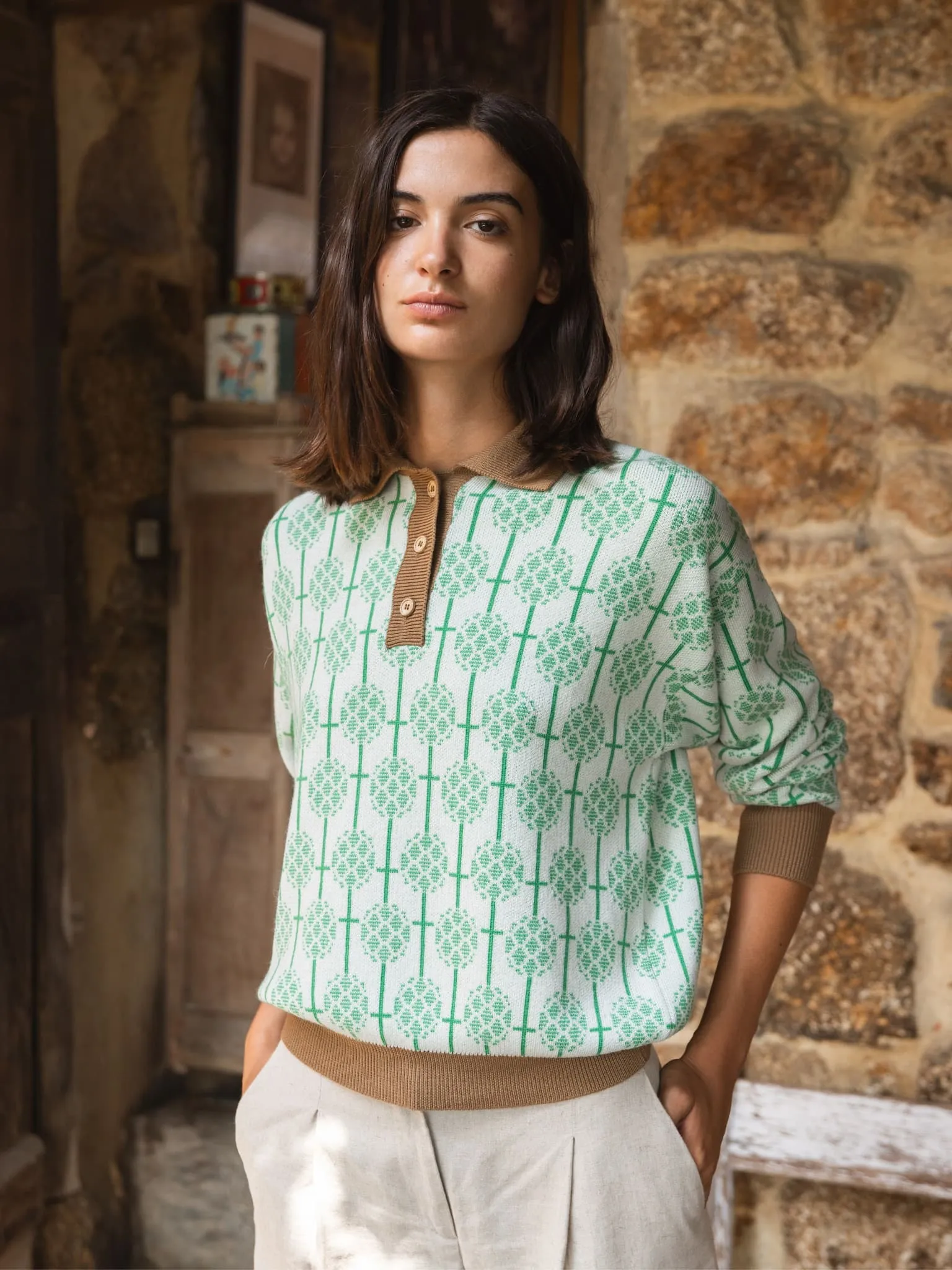 Doce Cream Jacquard Merino Wool Polo Sweater