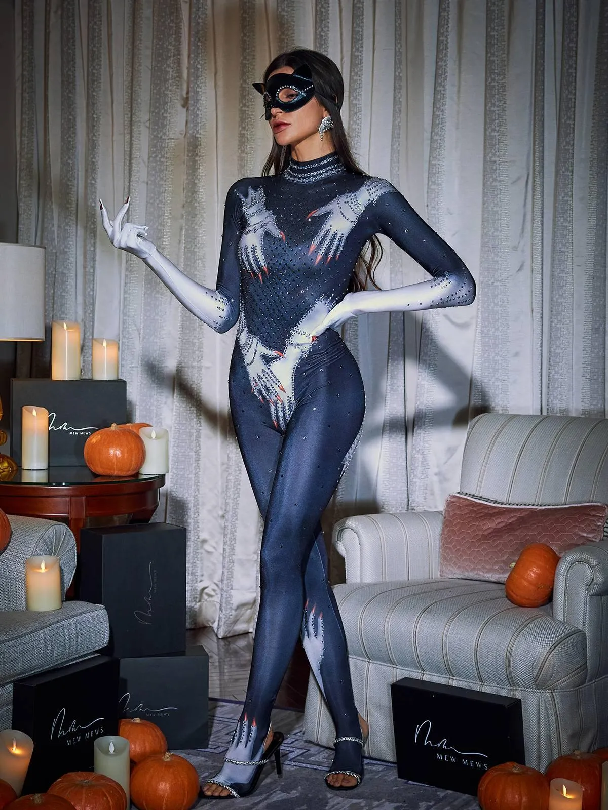 Esau Hands Printed Rhinestone Gloves Jumpsuit In Black