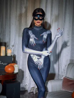 Esau Hands Printed Rhinestone Gloves Jumpsuit In Black