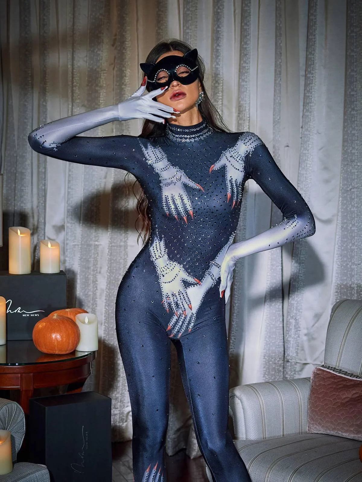 Esau Hands Printed Rhinestone Gloves Jumpsuit In Black