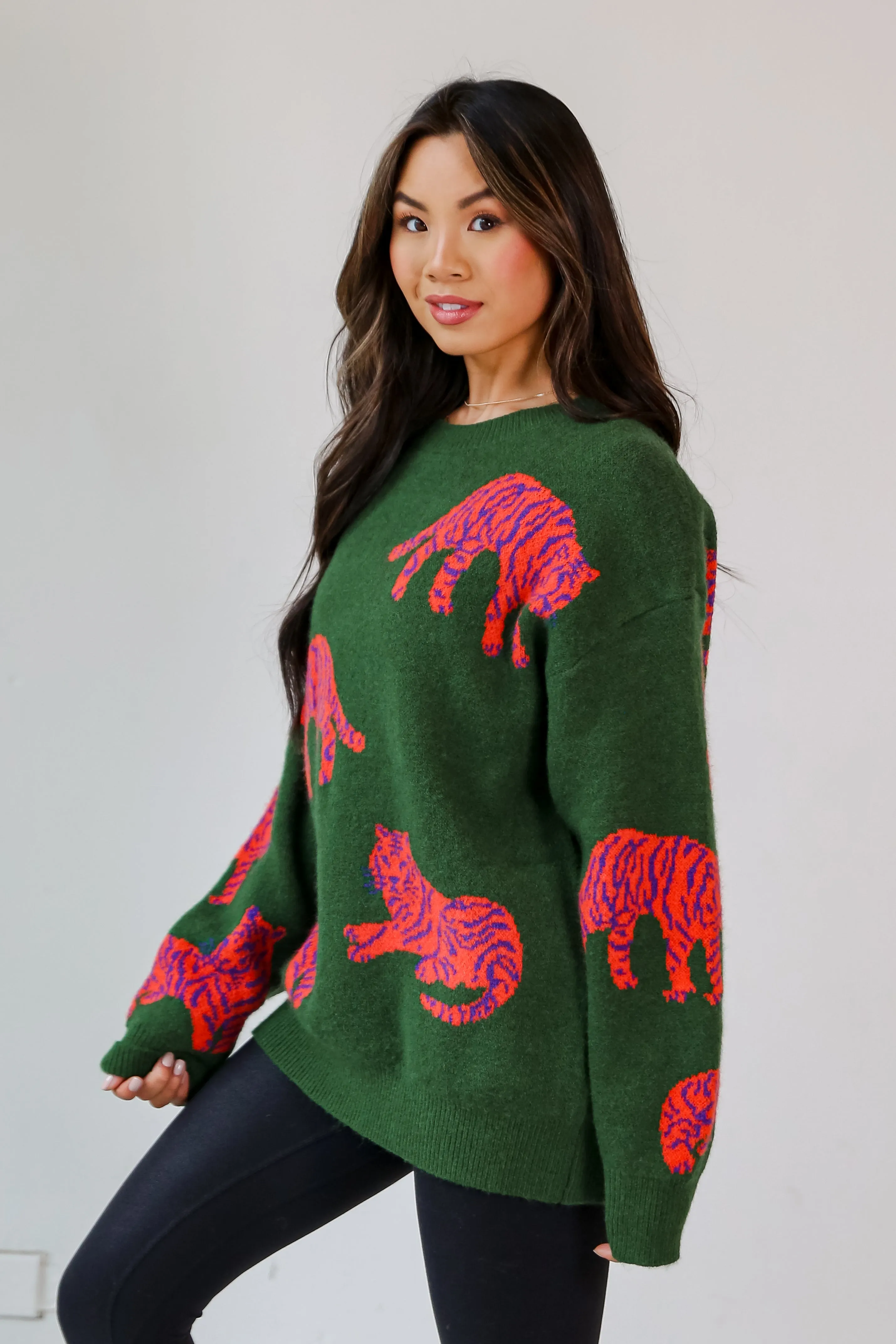 FINAL SALE - Roaring Good Time Kelly Green Tiger Oversized Sweater