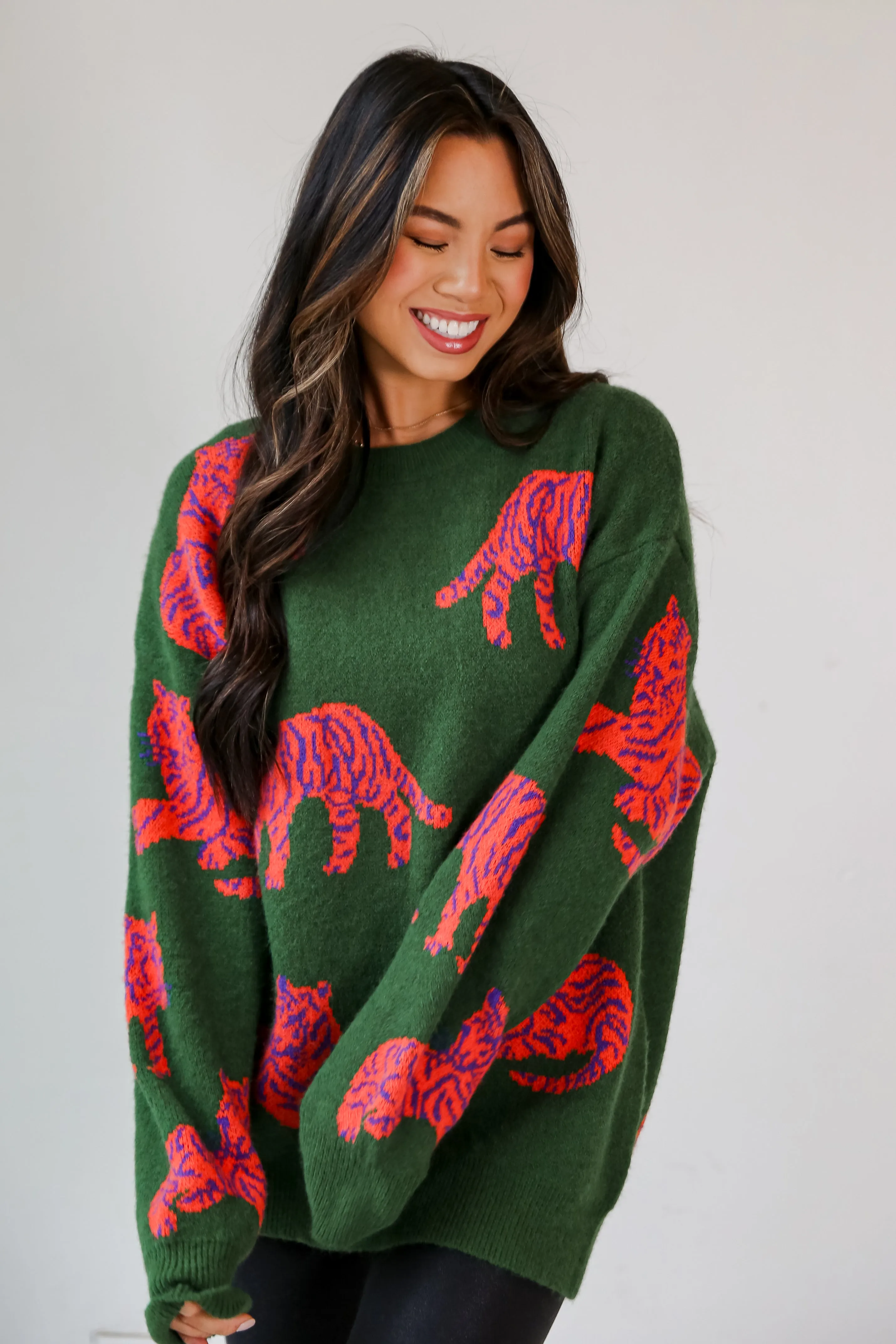 FINAL SALE - Roaring Good Time Kelly Green Tiger Oversized Sweater