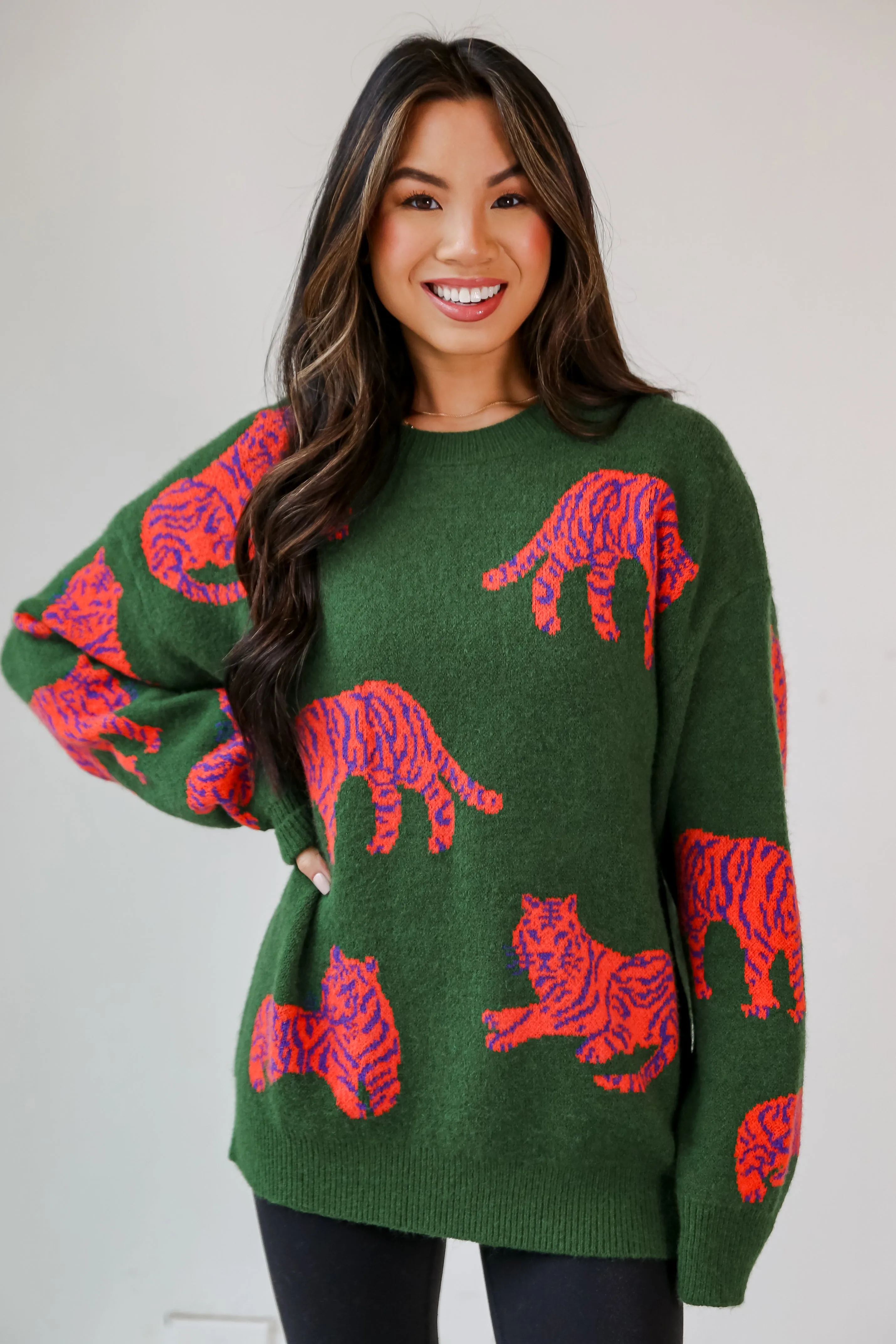 FINAL SALE - Roaring Good Time Kelly Green Tiger Oversized Sweater