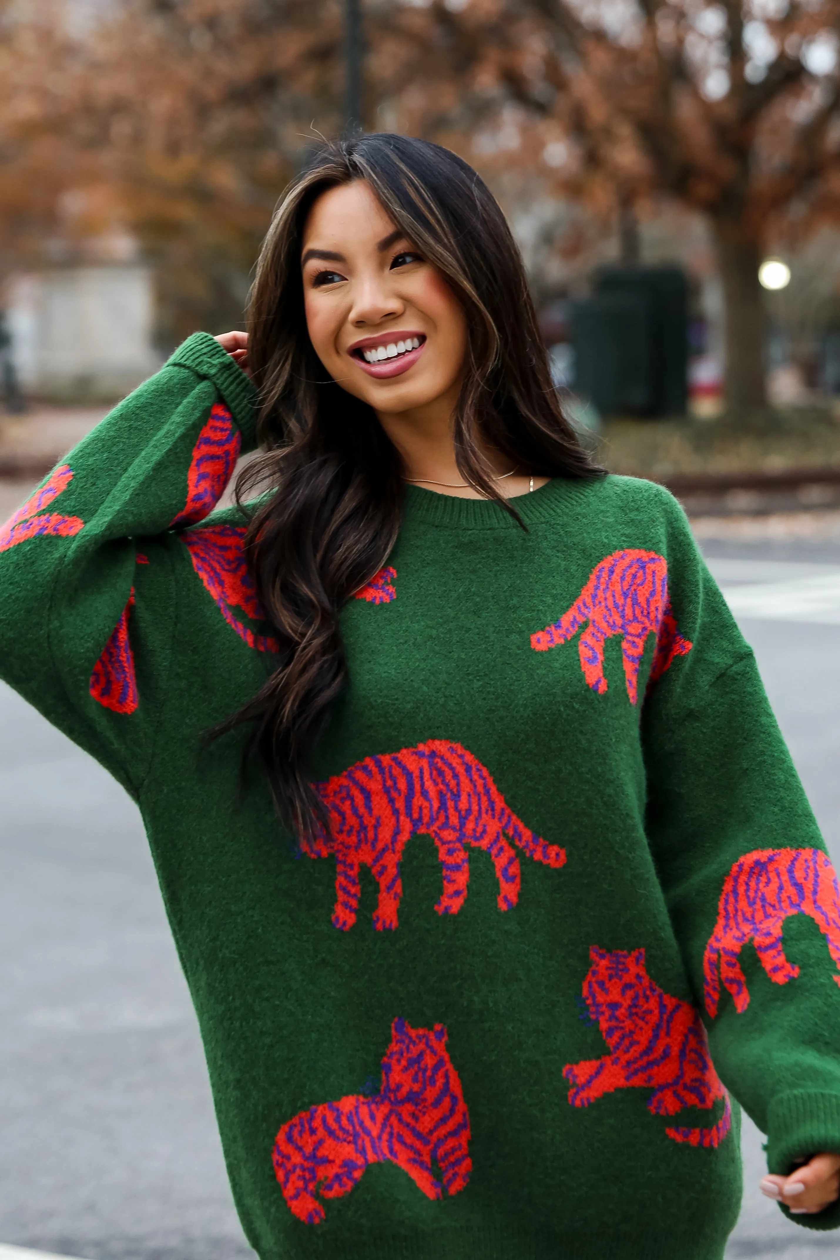 FINAL SALE - Roaring Good Time Kelly Green Tiger Oversized Sweater
