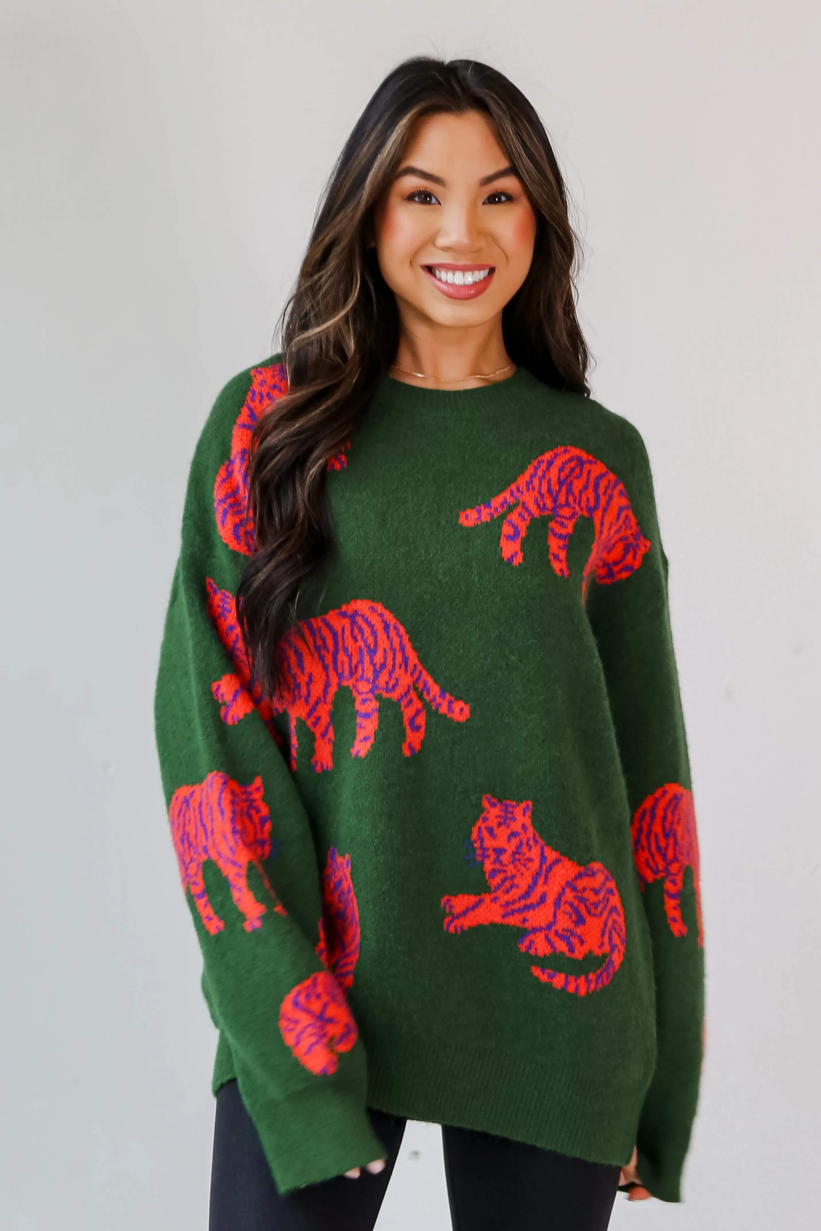 FINAL SALE - Roaring Good Time Kelly Green Tiger Oversized Sweater
