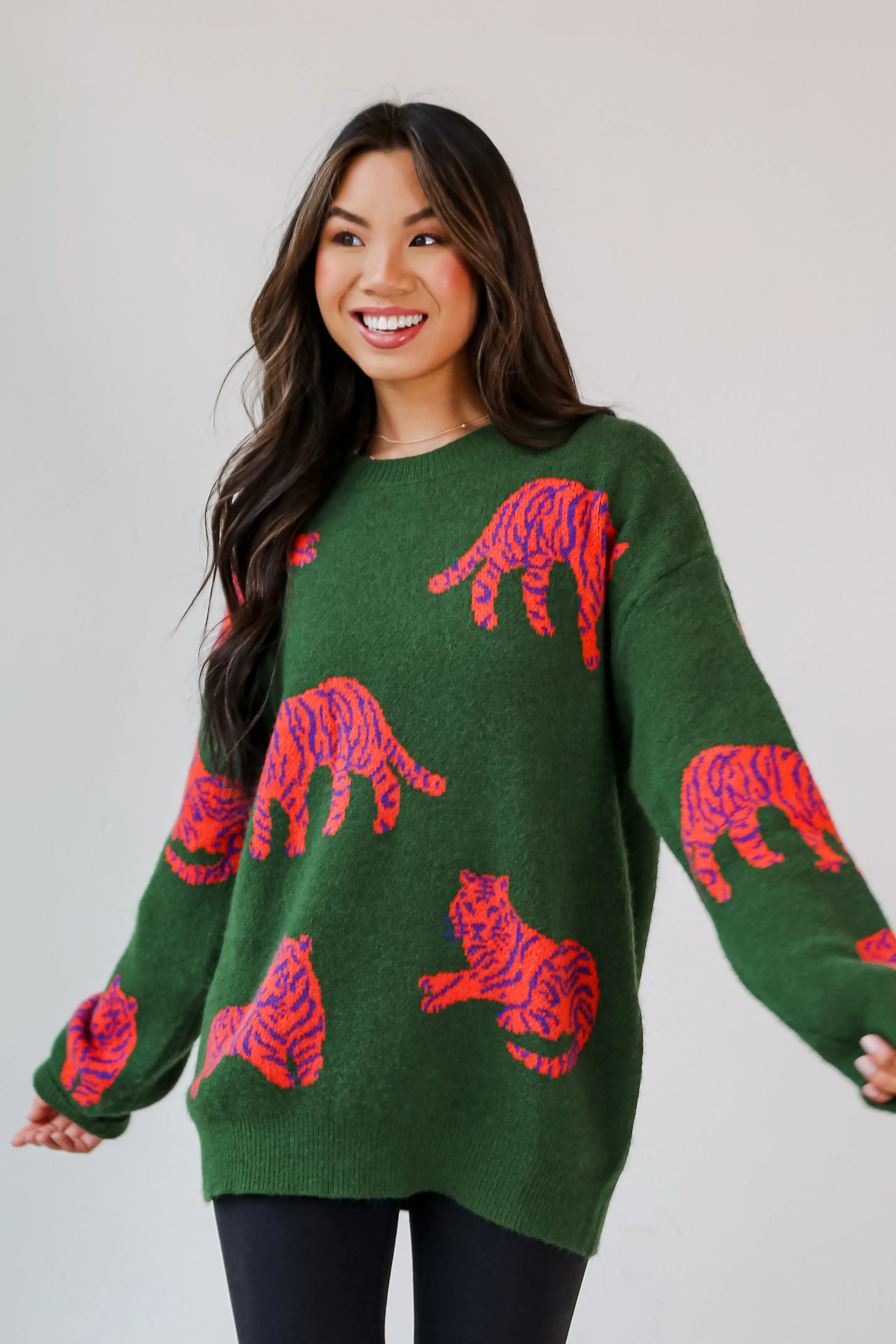 FINAL SALE - Roaring Good Time Kelly Green Tiger Oversized Sweater