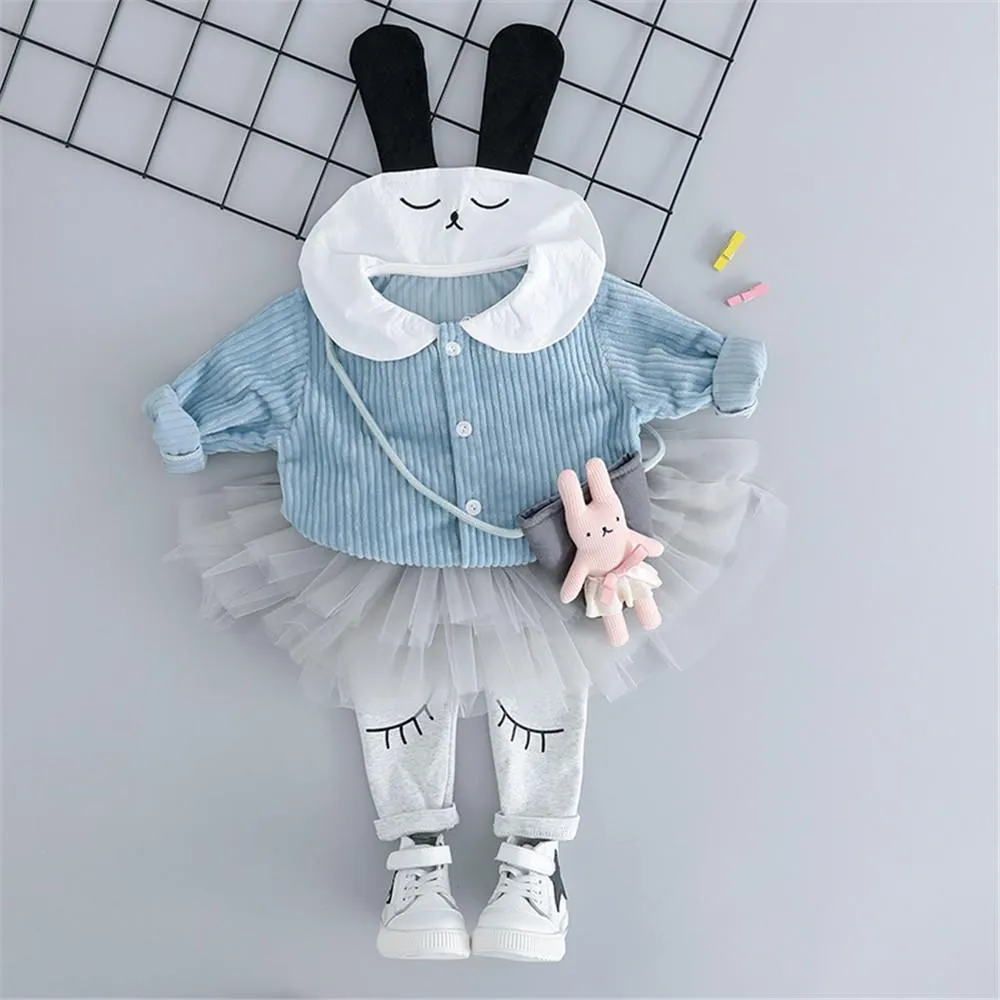 Girls Button Cartoon Rabbit Corduroy Top & Tulle Culottes