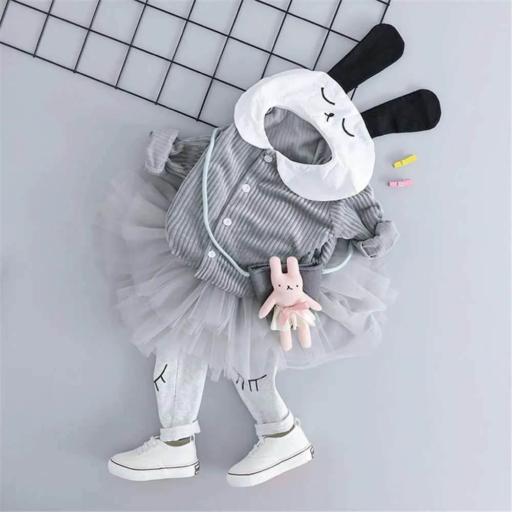 Girls Button Cartoon Rabbit Corduroy Top & Tulle Culottes