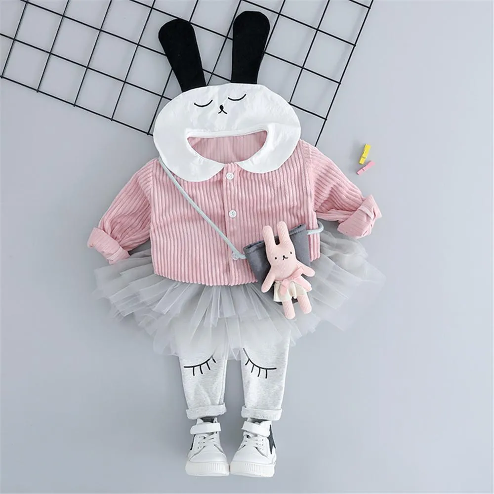 Girls Button Cartoon Rabbit Corduroy Top & Tulle Culottes