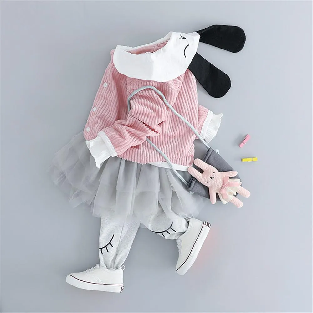 Girls Button Cartoon Rabbit Corduroy Top & Tulle Culottes