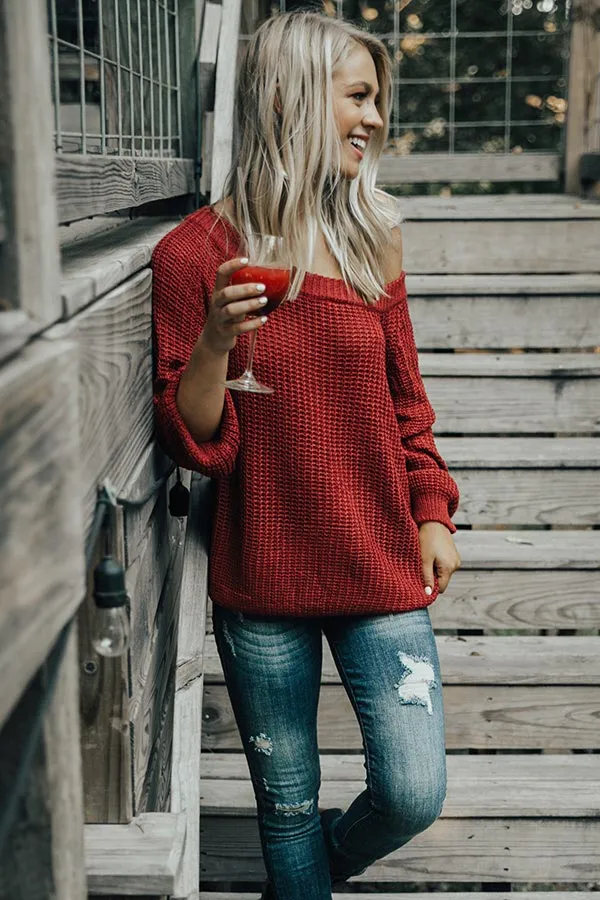 Give Me Cozy Off Shoulder Sweater in Crimson