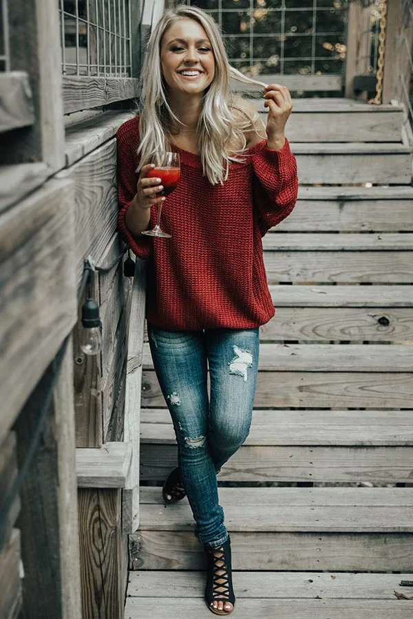 Give Me Cozy Off Shoulder Sweater in Crimson