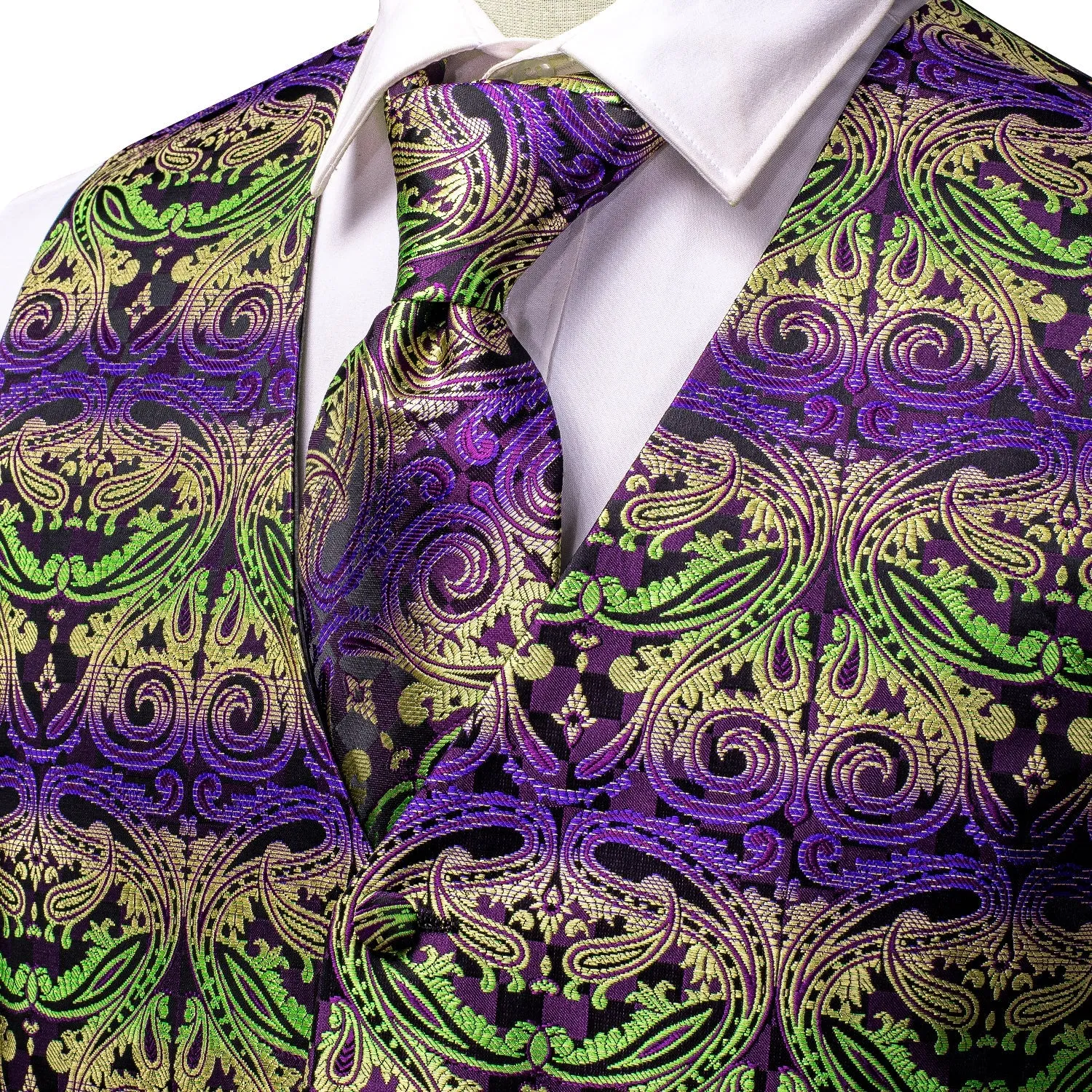 Green Purple Gradient Paisley Jacquard Silk Men's Vest Hanky Cufflinks Tie Set